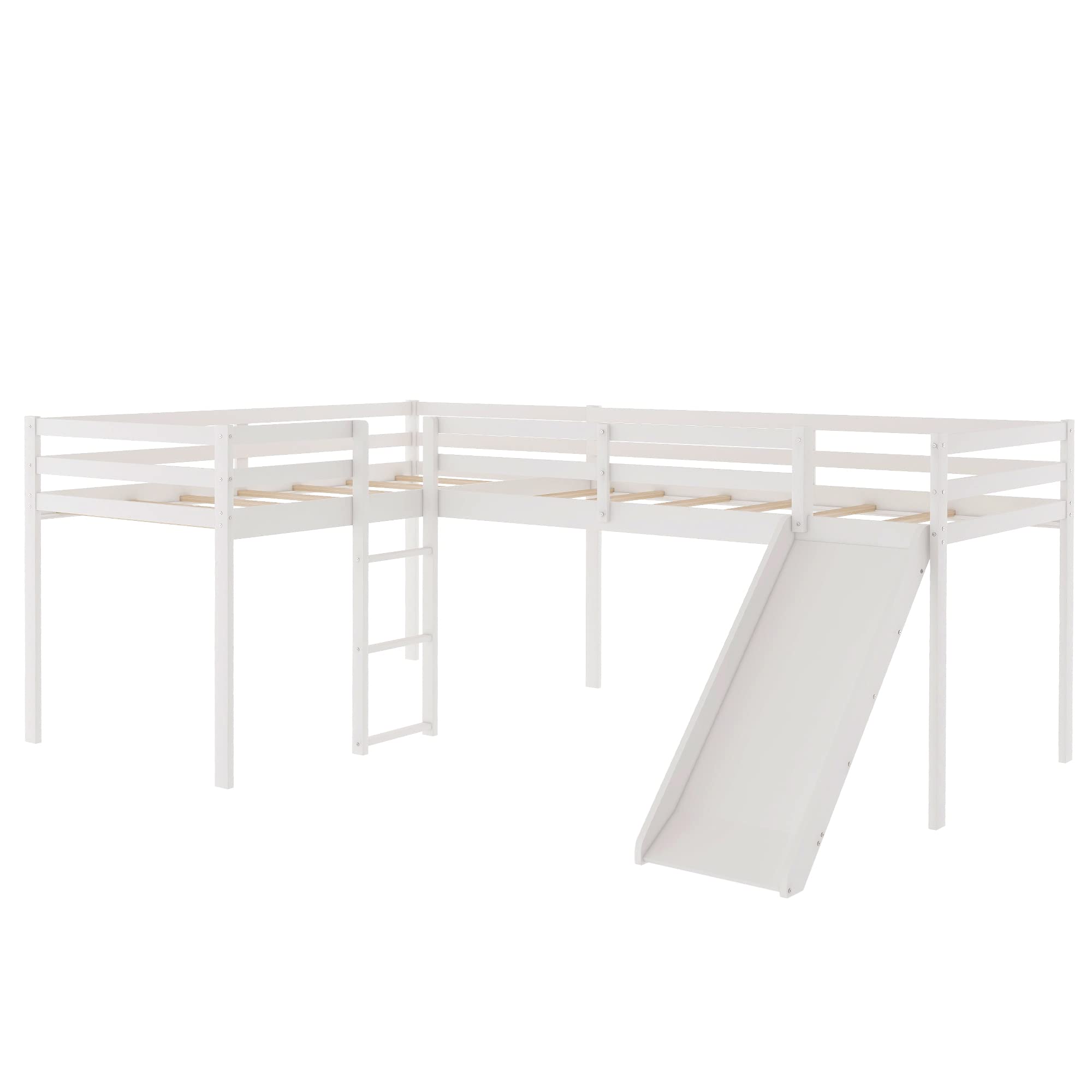 L-Shaped Twin Loft Bed with Slide - White Wooden Loft Bed Frame for Kids & Teens - No Box Spring Needed - Perfect for Small Rooms, Play Areas & Sleepovers
