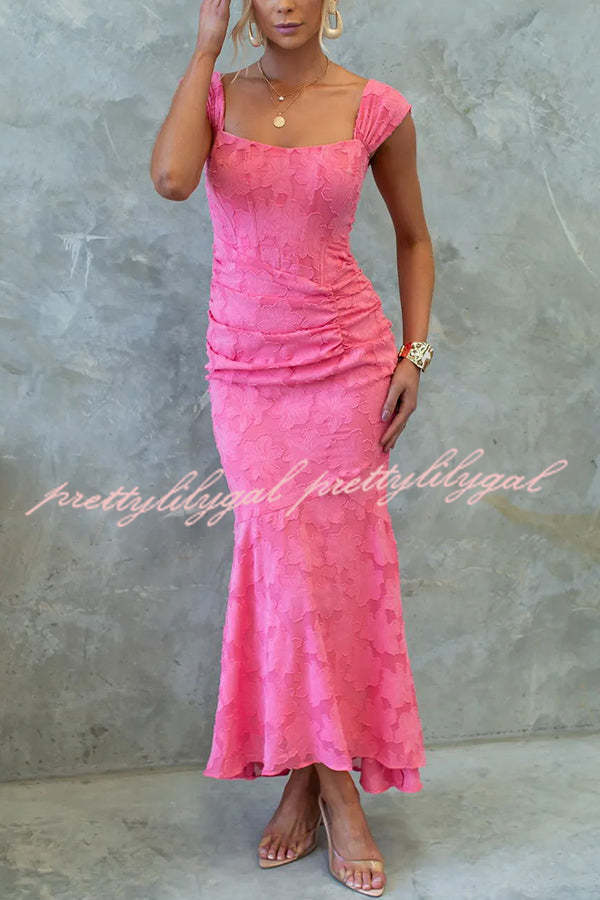 Unreal Beauty Floral Print Textured Ruched Fishtail Maxi Dress for Women | Elegant Evening Gown for Weddings, Parties & Special Occasions