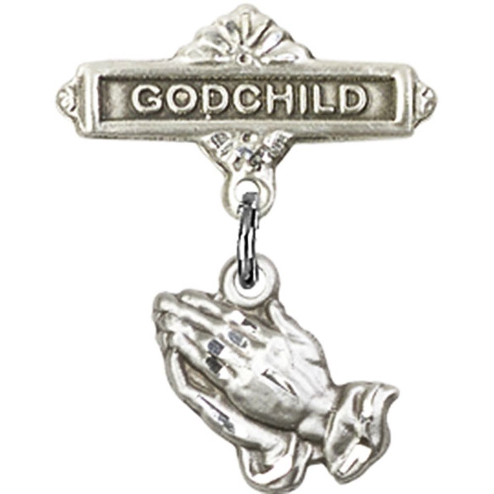 Sterling Silver Baby Badge with Praying Hands Charm - Godchild Gift Pin 7/8