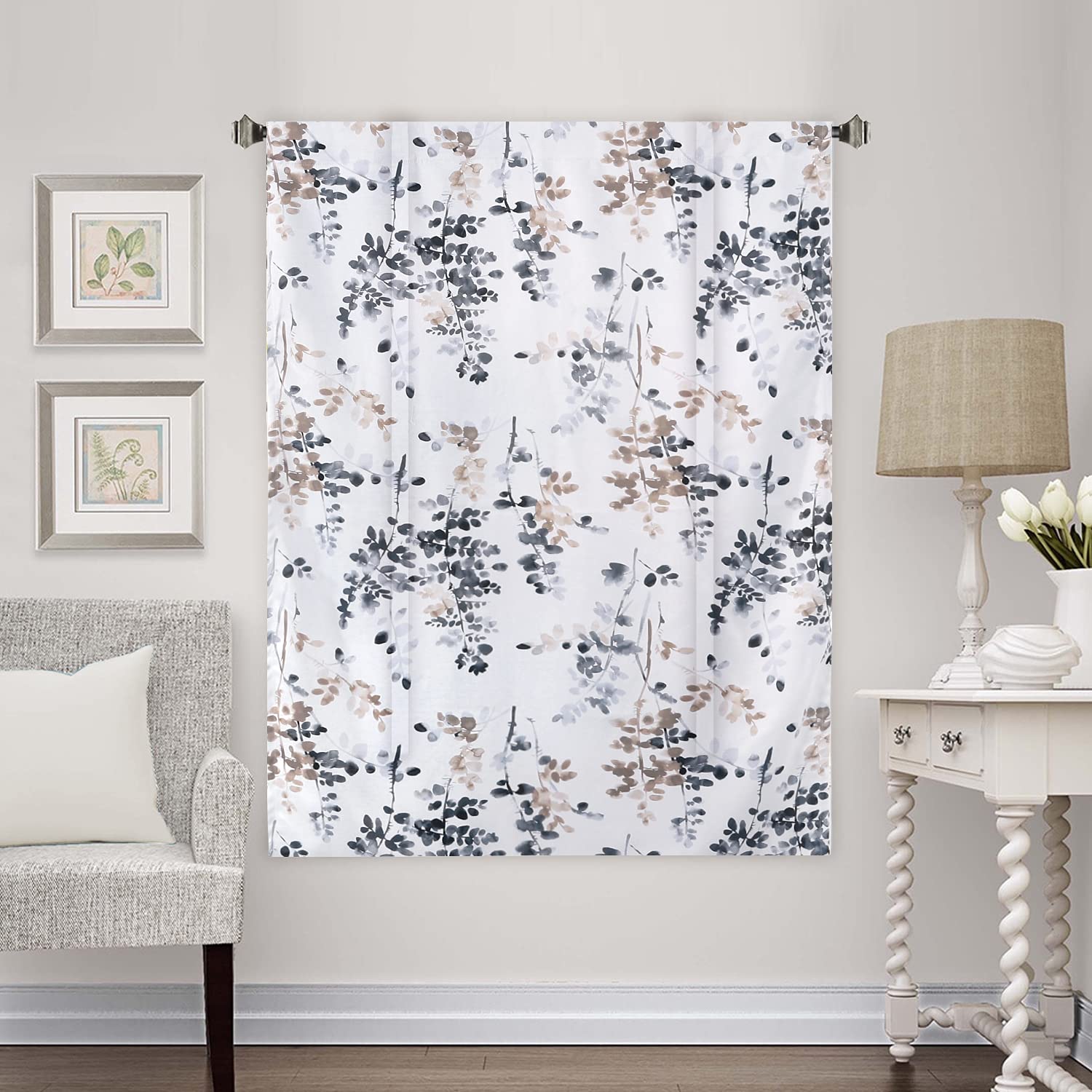 Thermal Insulated Blackout Tie-Up Curtains for Small Windows - Adjustable Kitchen Window Treatment with Rod Pocket, Floral Pattern in Bluestone & Taupe (42