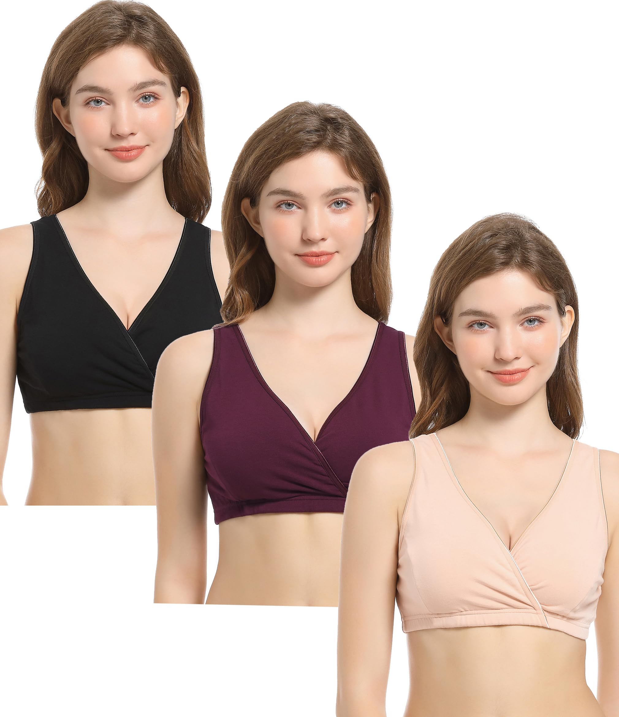3 Pack Cotton Maternity Nursing Bras - Soft Wireless Breastfeeding Sleep Bra for Pregnancy & Nursing - Comfortable Bralette for Moms (Perfect for Nighttime Nursing & Postpartum Recovery)