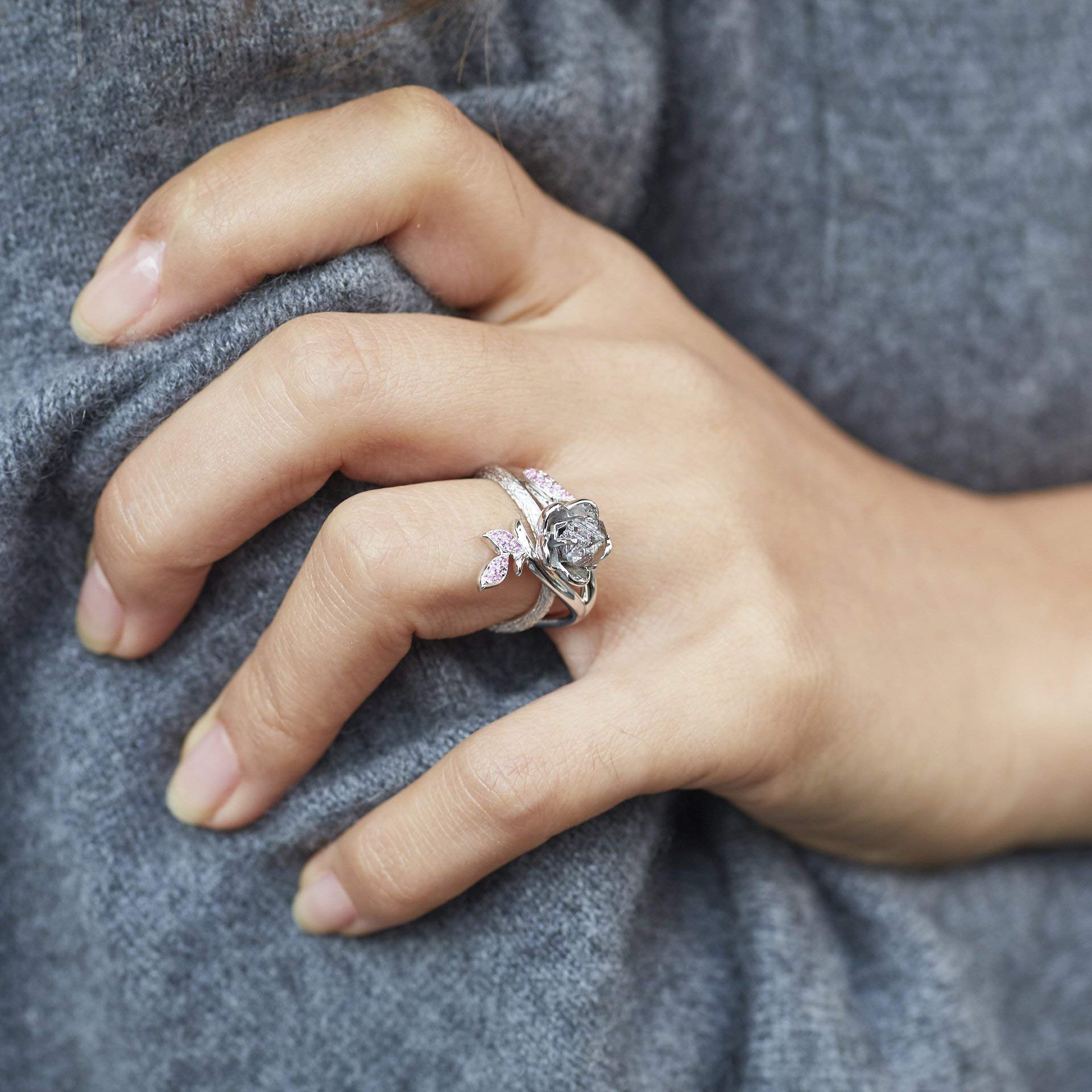 Majade Pink Sapphire Raw Diamond Engagement & Wedding Ring Set - Handmade 14K White Gold Nature-Inspired Floral Bridal Jewelry | Perfect for Romantic Proposals, Anniversary Gifts & Unique Wedding Bands