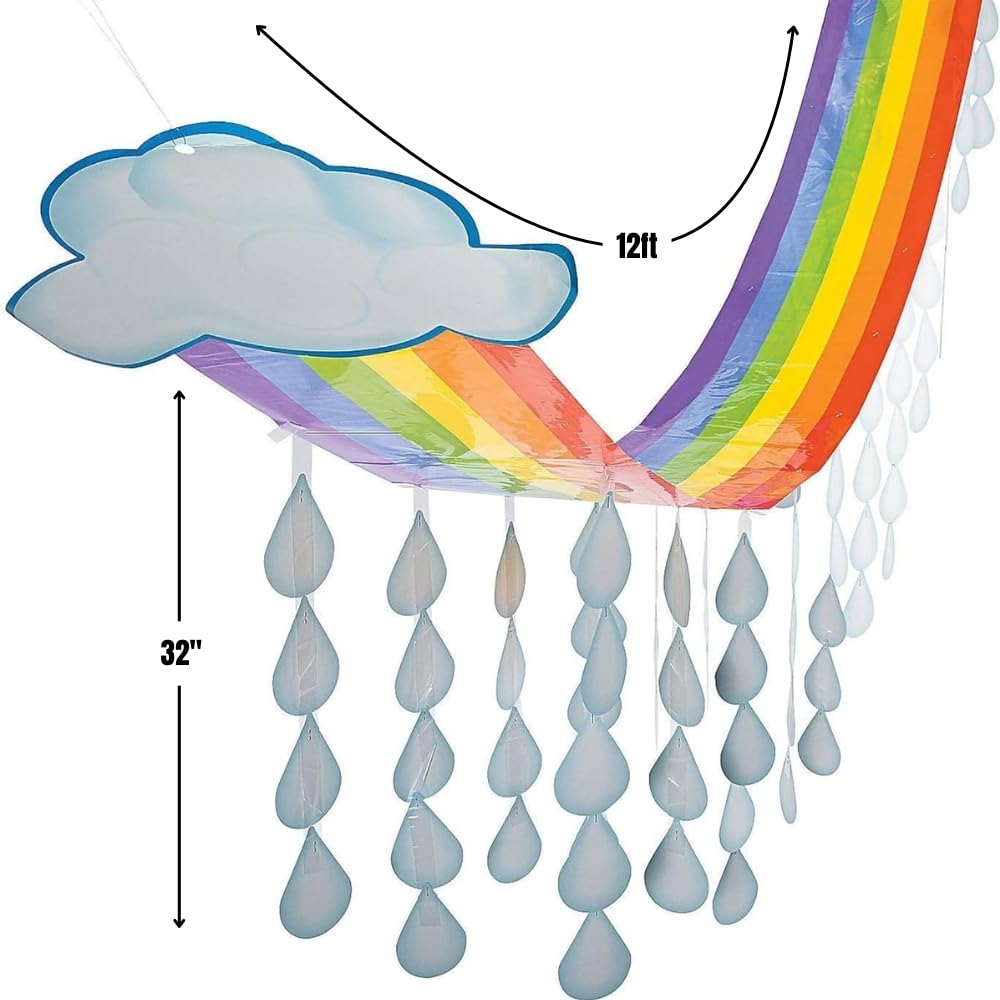 Fun Express 12 Ft. x 32 Inch Rainbow Cloud & Raindrops Ceiling Hanging Decor - 1 Piece - Perfect for Spring & Summer Classroom, Church, Party & Baby Shower Decorations - Ideal for Birthday Parties, School Events & Festive Celebrations