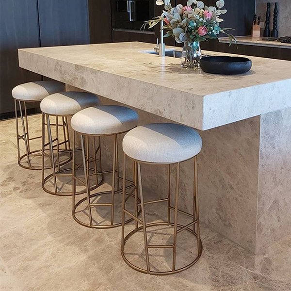 Aiden Gold Steel Kitchen Stool with Natural Linen Cushion - Modern Bar Stool for Kitchen Island, Breakfast Nook & Dining Room - Adjustable Height Counter Stool for Home Decor