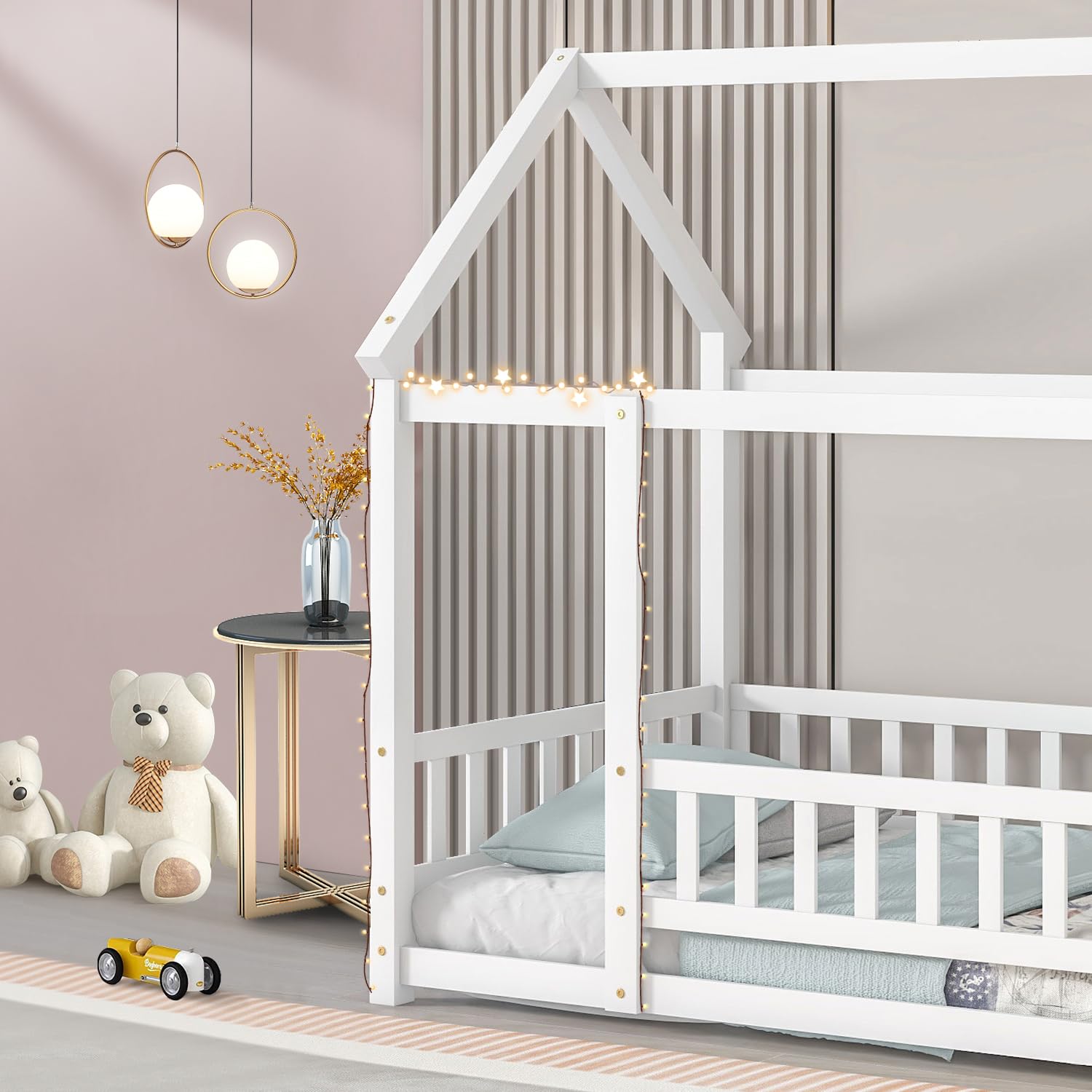 Montessori Full Size Floor Bed Frame with Roof & Fence - Solid Wood House Bed for Kids, Boys & Girls Bedroom Furniture - White | Safe Toddler Sleeping Solution for Daycare & Home Nursery