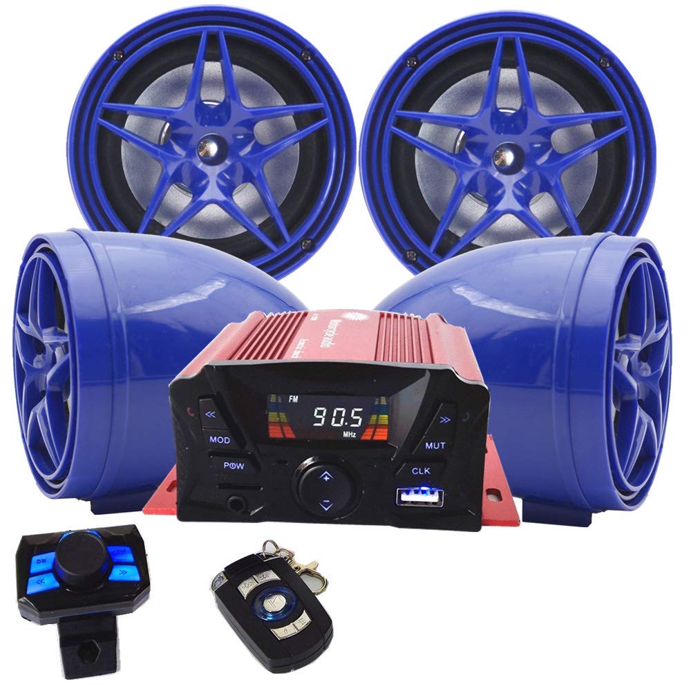 12V Waterproof Bluetooth Amplifier Sound System for Motorcycle, UTV, ATV - 4 Channel 3 Inch Stereo Speakers with FM/USB & Hands-Free Calling - Perfect for Off-Road Adventures & Outdoor Audio Enhancement
