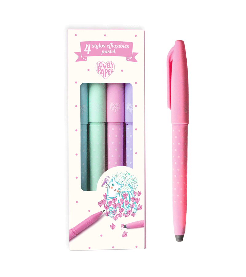 4 Pack Pastel Erasable Pens by Djeco - Lovely Paper Design for Journaling, Note Taking & School Supplies