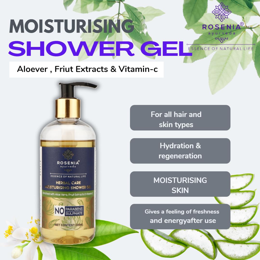 Rosenia Ayurveda Moisturizing Shower Gel for Men & Women - Aloe Vera, Fruit Extracts & Vitamin C Enriched - 300ml | Hydrating Body Wash for Dry Skin, Daily Shower & Spa Relaxation