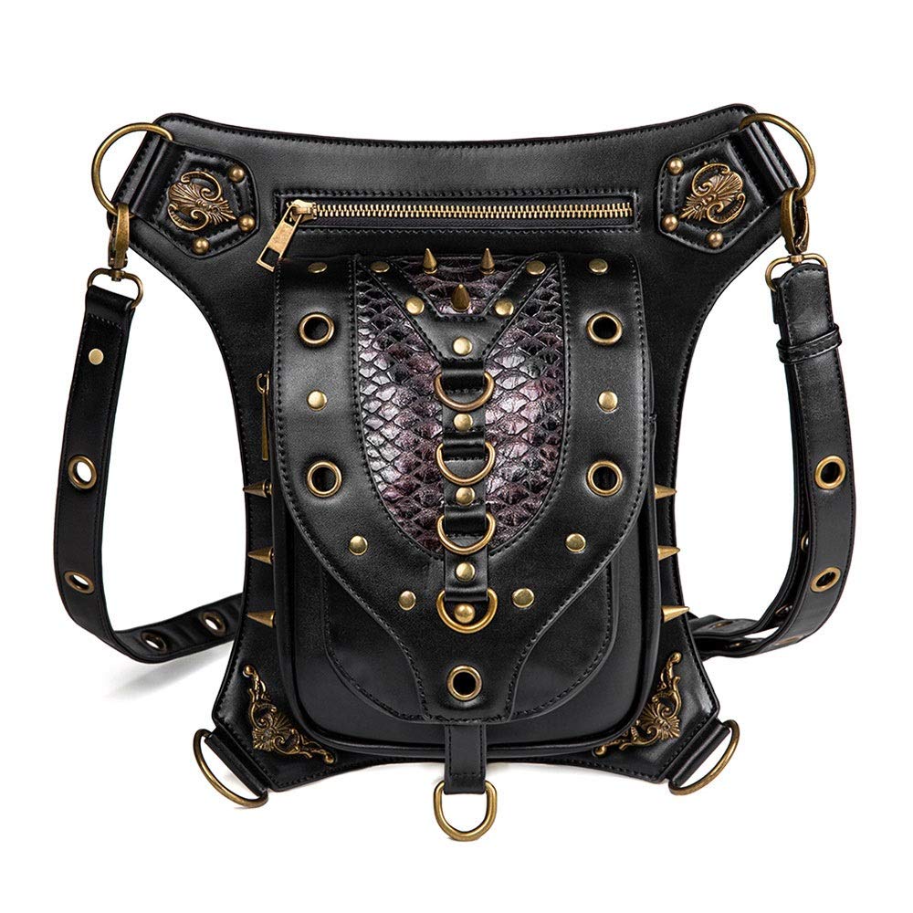 XCJ Steampunk Gothic Leather Messenger Bag - Vintage Punk Shoulder Bag, Waist Pack & Fanny Pack for Men & Women - Perfect for Concerts, Cosplay & Daily Use