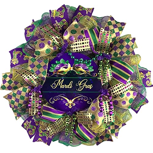 Handmade Mardi Gras Wreath with Colorful Ribbons & Beads - Festive Fat Tuesday Door Decor for Outdoor & Indoor Party Celebrations