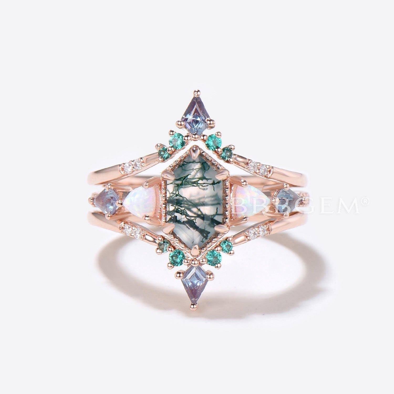 Hexagon Moss Agate Engagement Ring Enhancer & Guard Ring Set - Perfect for Bridal Jewelry, Wedding Bands, and Anniversary Gifts