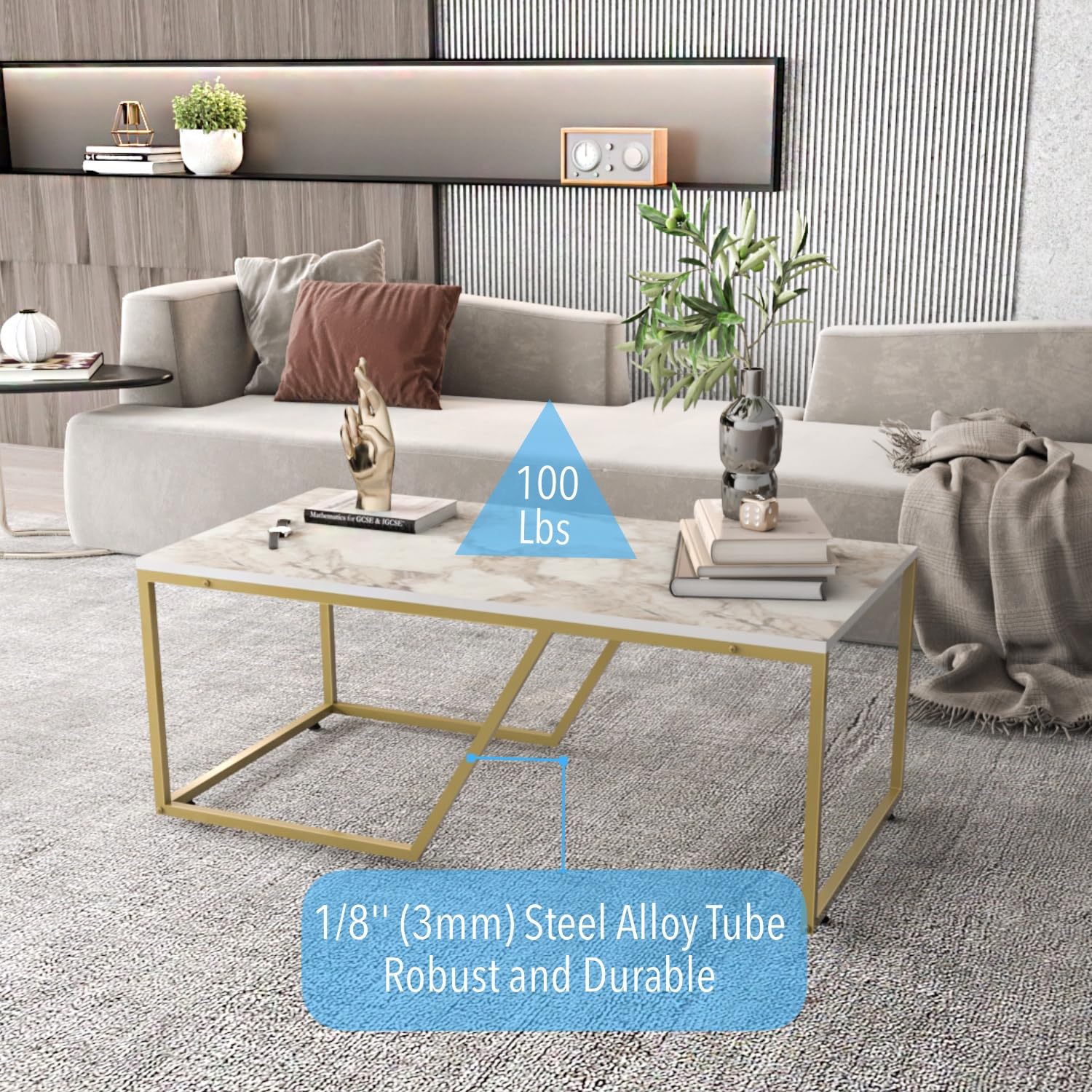 Wendy Gold Metal Leg Marble Top Coffee Table - Modern Cocktail Table for Living Room, Lounge & Office - Durable & Stylish Home Decor Furniture