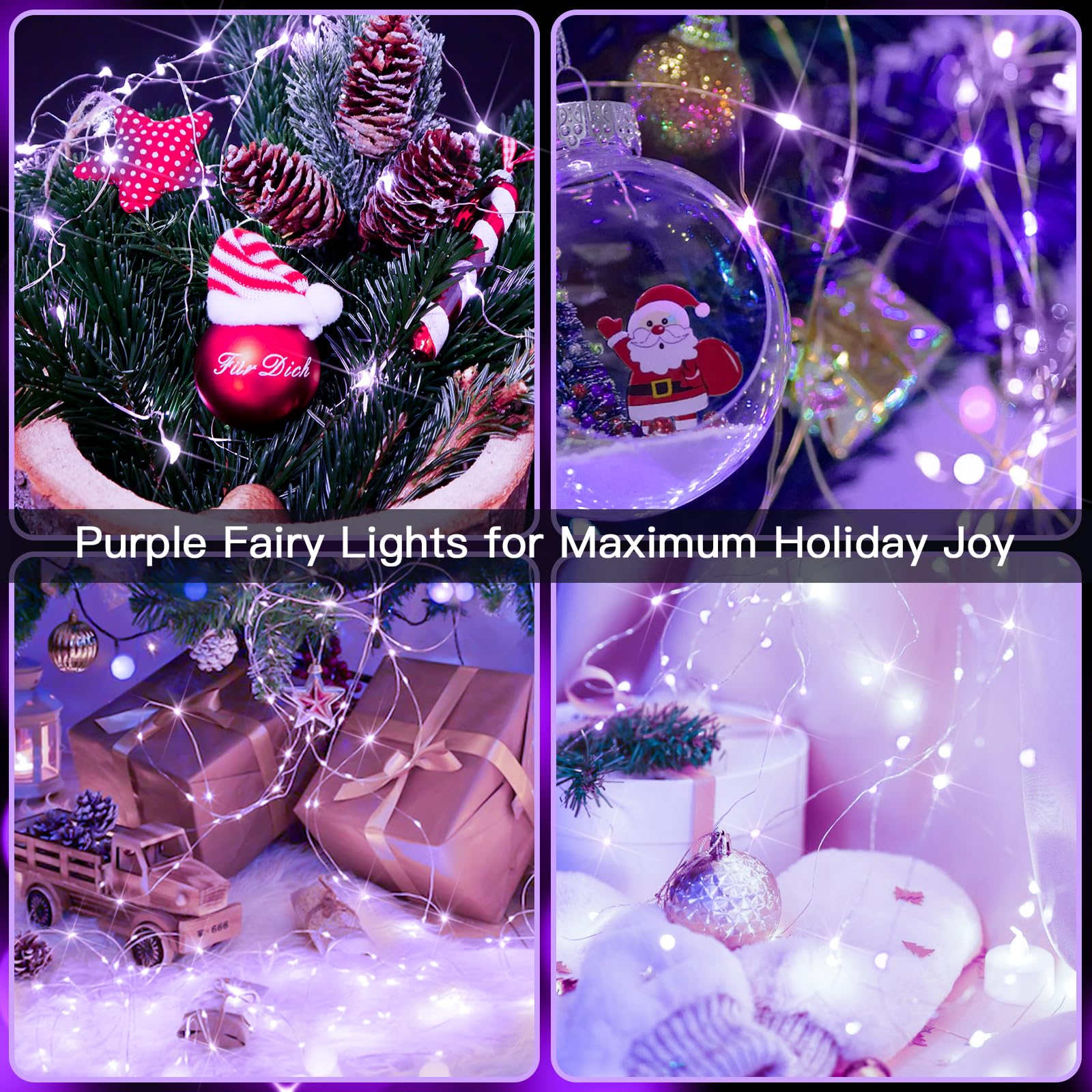 Suddus 66ft 200 LED Purple Christmas Lights Battery Operated - Waterproof Twinkle Fairy String Lights for Indoor Outdoor Decor, Christmas Tree, Garland, Bedroom, Backyard, Porch, Yard, Party, Wedding, Garden, Patio, Holiday Decorations