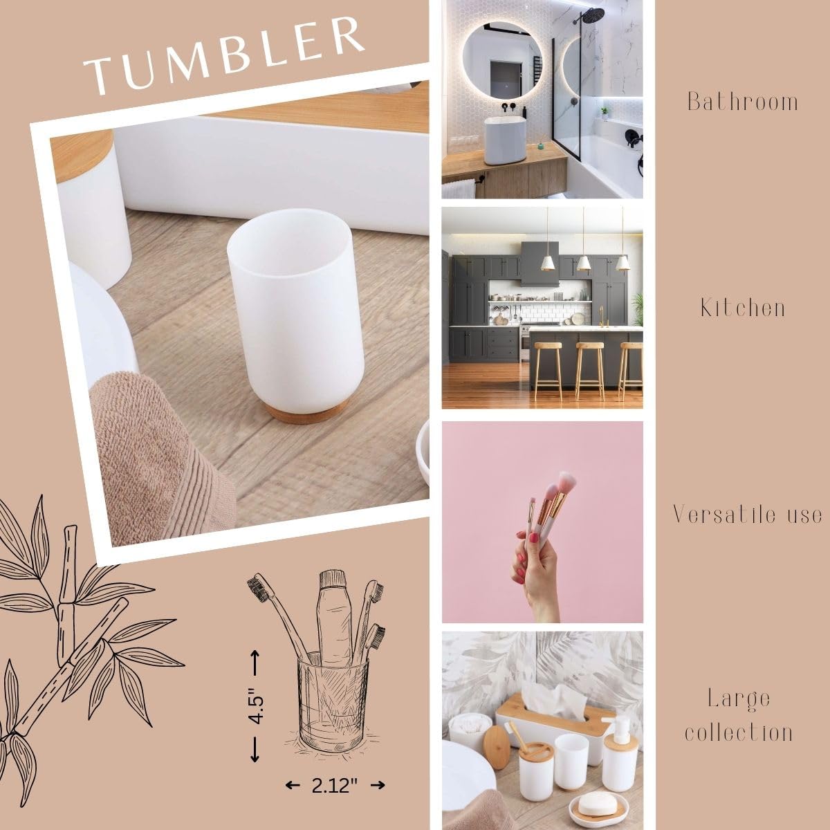 Bamboo White Padang Vanity Bathroom Tumbler Cup - 10 oz Toothbrush Holder & Organizer - Eco-Friendly Bathroom Storage for Countertop, Sink, or Vanity - Perfect for Toothbrushes, Makeup Brushes, and Cotton Swabs