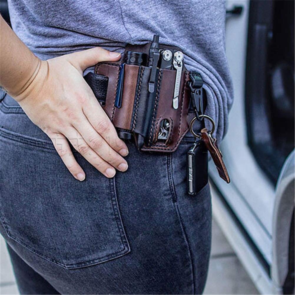 BestEvery Leather Multitool Sheath for Belt - EDC Pocket Organizer with Pen Holder, Key Fob & Flashlight Loop - Durable Leatherman Pouch for Outdoor, Camping & Everyday Carry (Black)