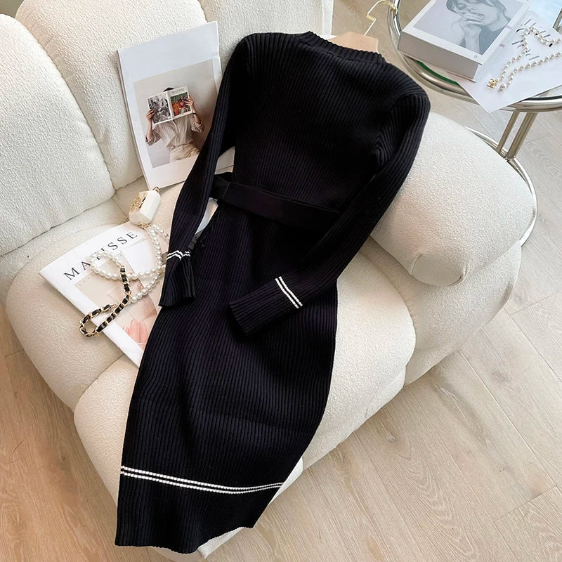 Women's Autumn Winter Knitted Sweater Dress - O Neck Button Down Bodycon with Belt | Fashion Brand Office Wear for Ladies | Perfect for Work, Parties & Holiday Outfits