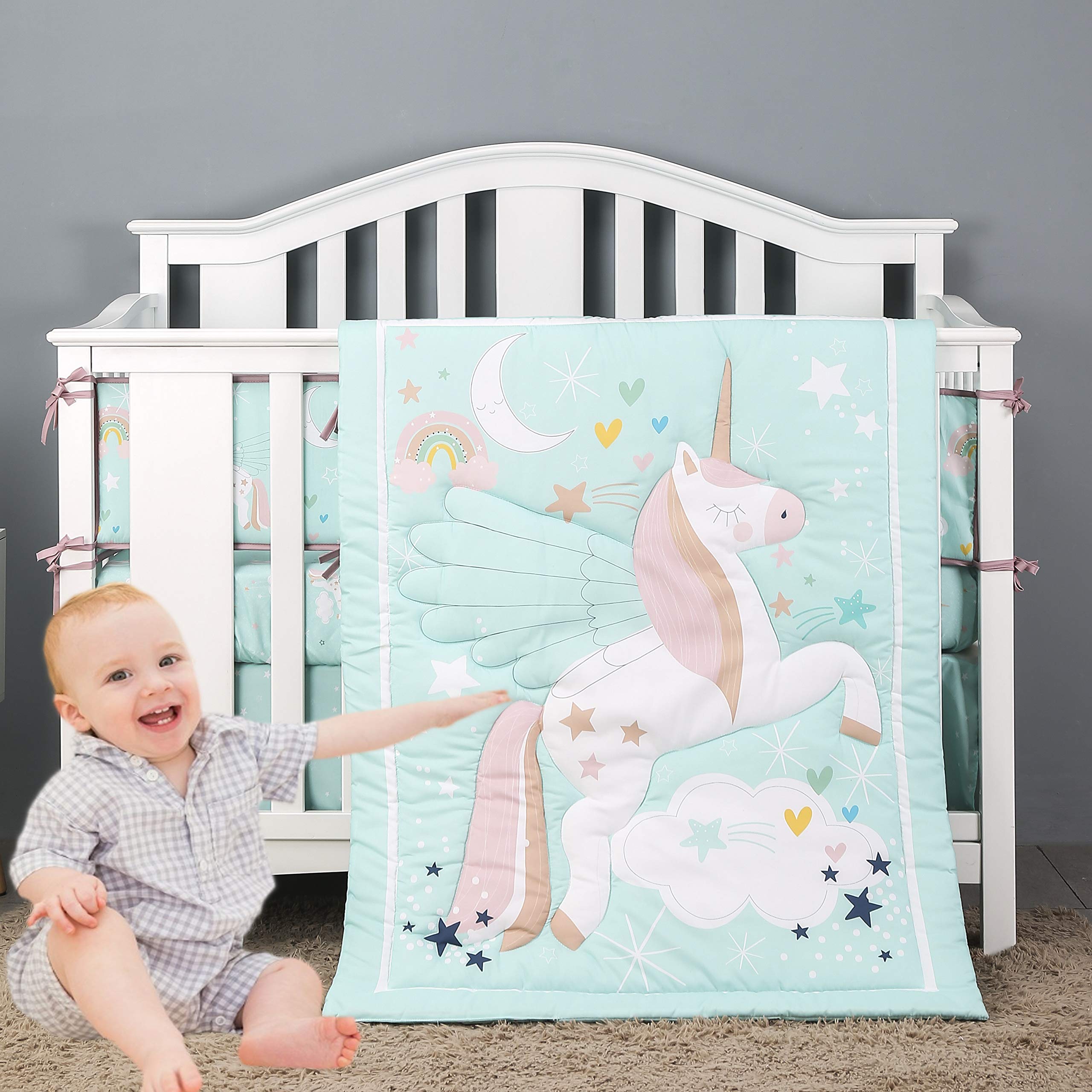Brandream Unicorn Baby Crib Bedding Set for Girls - 3 Piece Nursery Comforter Set with Rainbow Design in Mint, Grey & Blue | Soft Crib Sheets for Newborns & Toddlers | Perfect for Nursery Decor, Baby Showers & Birthday Gifts