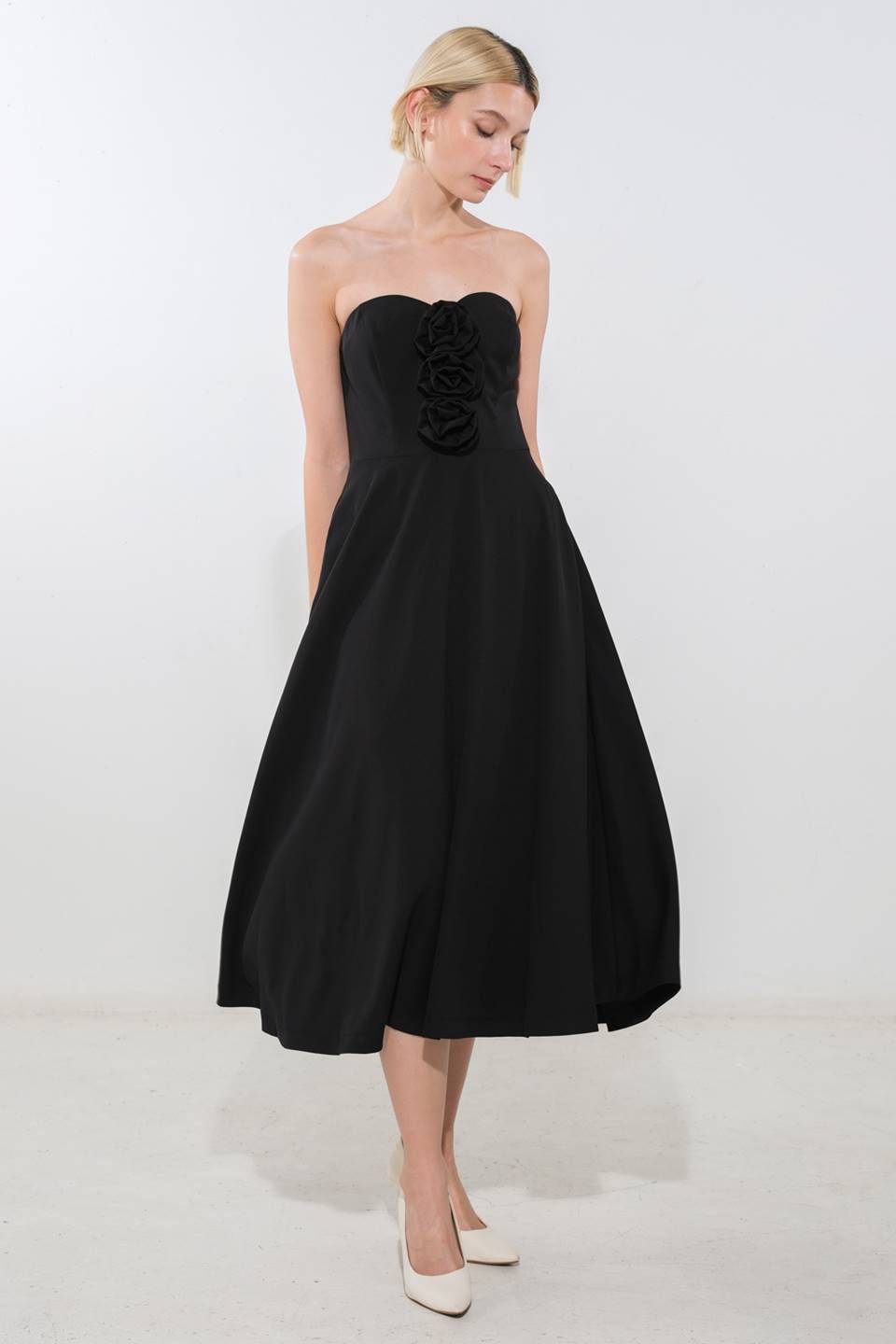 Land of the Free Black Strapless Midi Dress with Rosette Detail - Elegant Evening Wear for Parties & Special Occasions