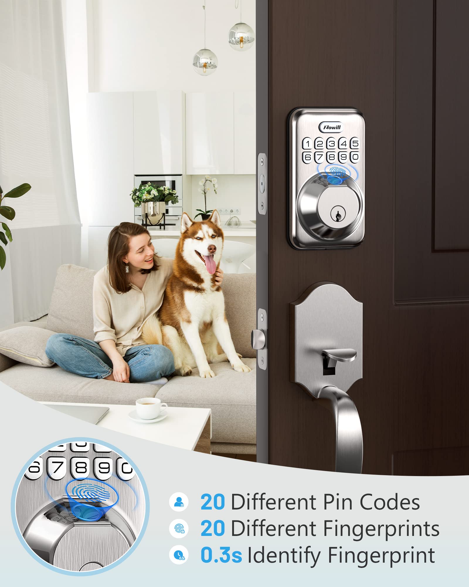 Zowill Smart Fingerprint Door Lock - Keyless Entry Deadbolt with 20 Biometric Fingerprints, Auto Lock & One-Touch Locking - Easy Install Electronic Keypad - Satin Nickel Finish | Perfect for Homes, Apartments, Offices & Vacation Rentals