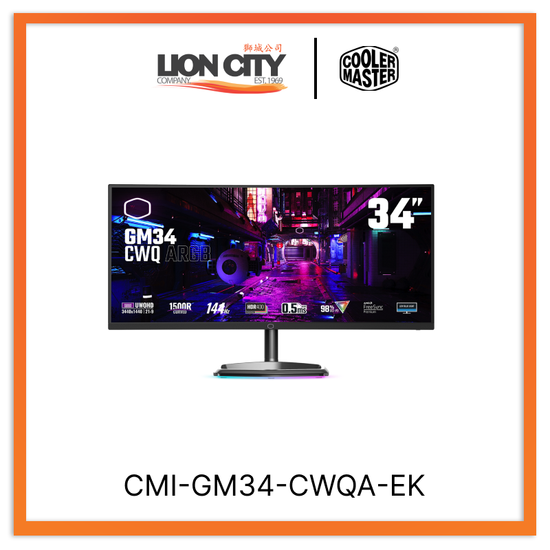 Cooler Master GM34CWQ 34-Inch Curved Gaming Monitor 144Hz, 1ms, WQHD, AMD FreeSync, ARGB Lighting - Perfect for Esports, Streaming & Multiplayer Gaming