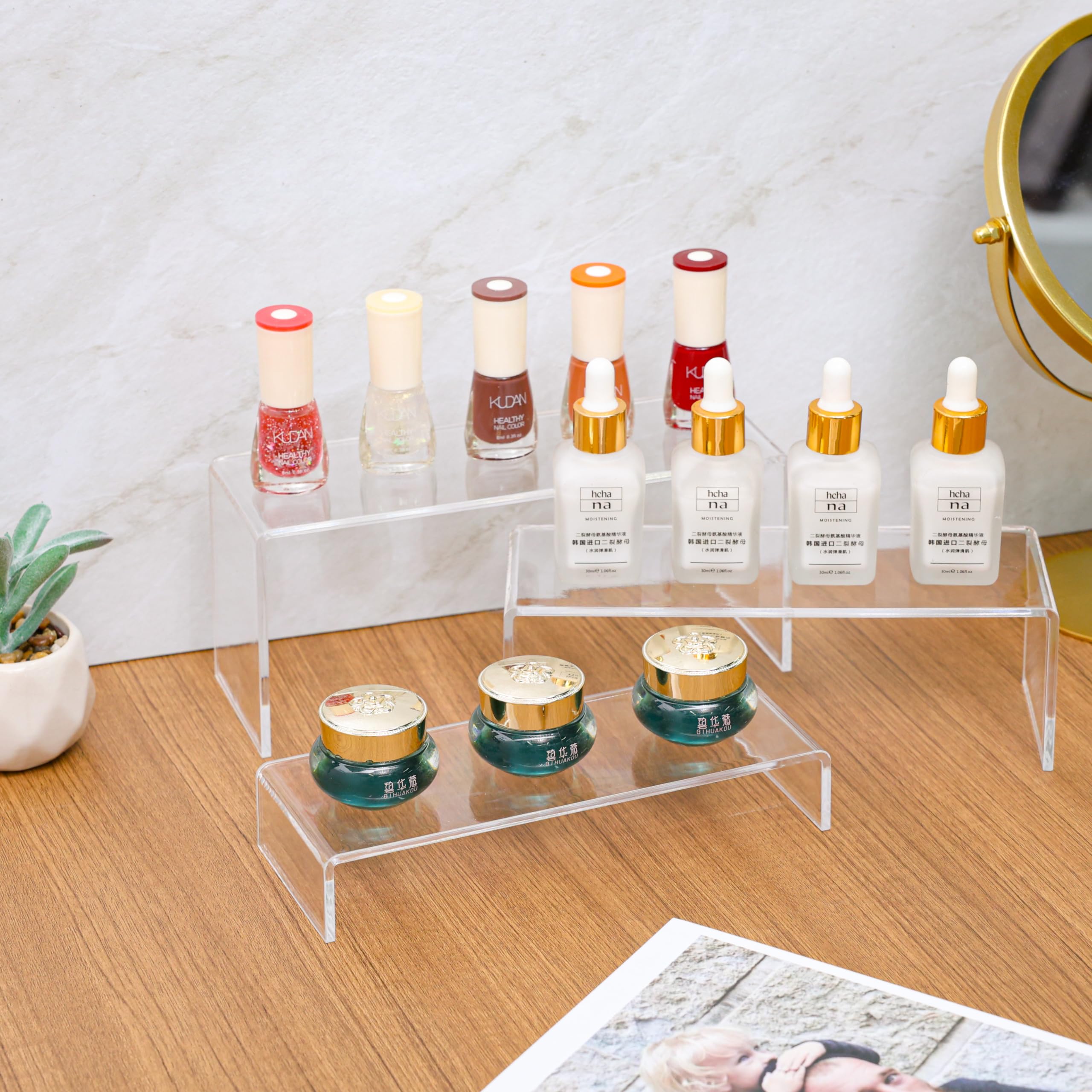 3-Piece Acrylic Display Risers - Rectangular Tiered Shelf Stands (4mm Thick) for Vendor Events, Funko Pop Figures, Lego Displays, Cupcakes & Perfume - Perfect for Retail Stores, Trade Shows & Home Decor