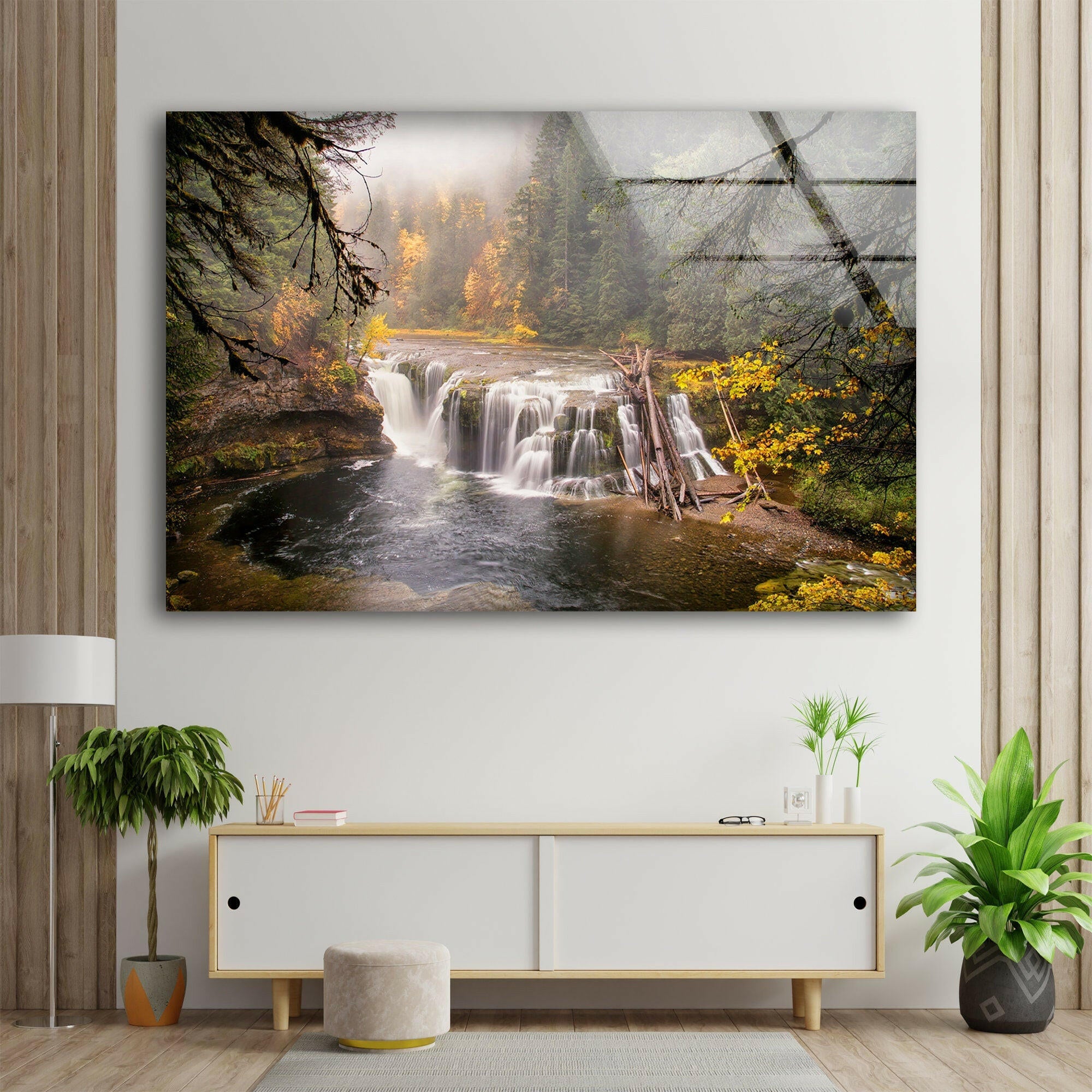Autumn Waterfall Serenity Nature Wall Art - Stunning Landscape Glass Print for Home & Office Decor - Perfect for Living Room, Bedroom or Meditation Space