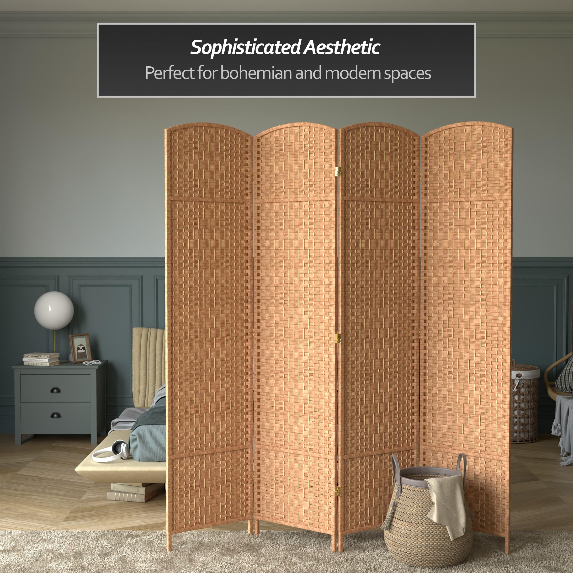 7 ft. Tall Red Diamond Weave Room Divider - 4 Panel Natural Bamboo Folding Screen for Home, Office & Wedding Decor
