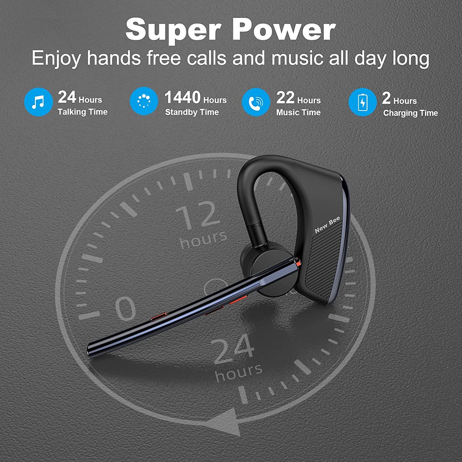 New Bee Bluetooth Headset - 24Hrs Talktime, CVC8.0 Noise Cancelling, Dual Mic, Bluetooth 5.2 Wireless Earpiece for iPhone/Android Phones - Perfect for Driving, Business Calls & Office Use (Blue)