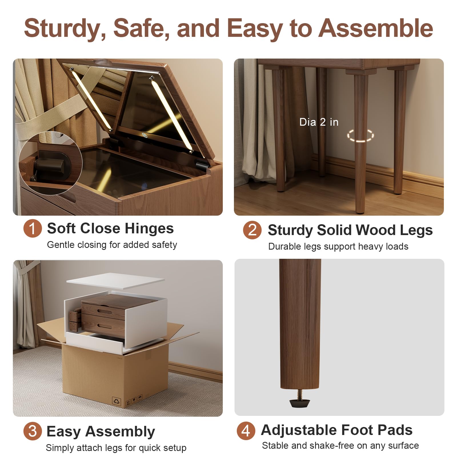 Solid Wood Small Vanity Desk with Flip Top Mirror & Adjustable LED Lights - Compact Dressing Table with Glass Top & Drawers - Space Saving Makeup Desk for Bedroom, Living Room, Apartment (Walnut Finish) - Perfect for Daily Beauty Routine, Small Space Decor & Gift Ideas