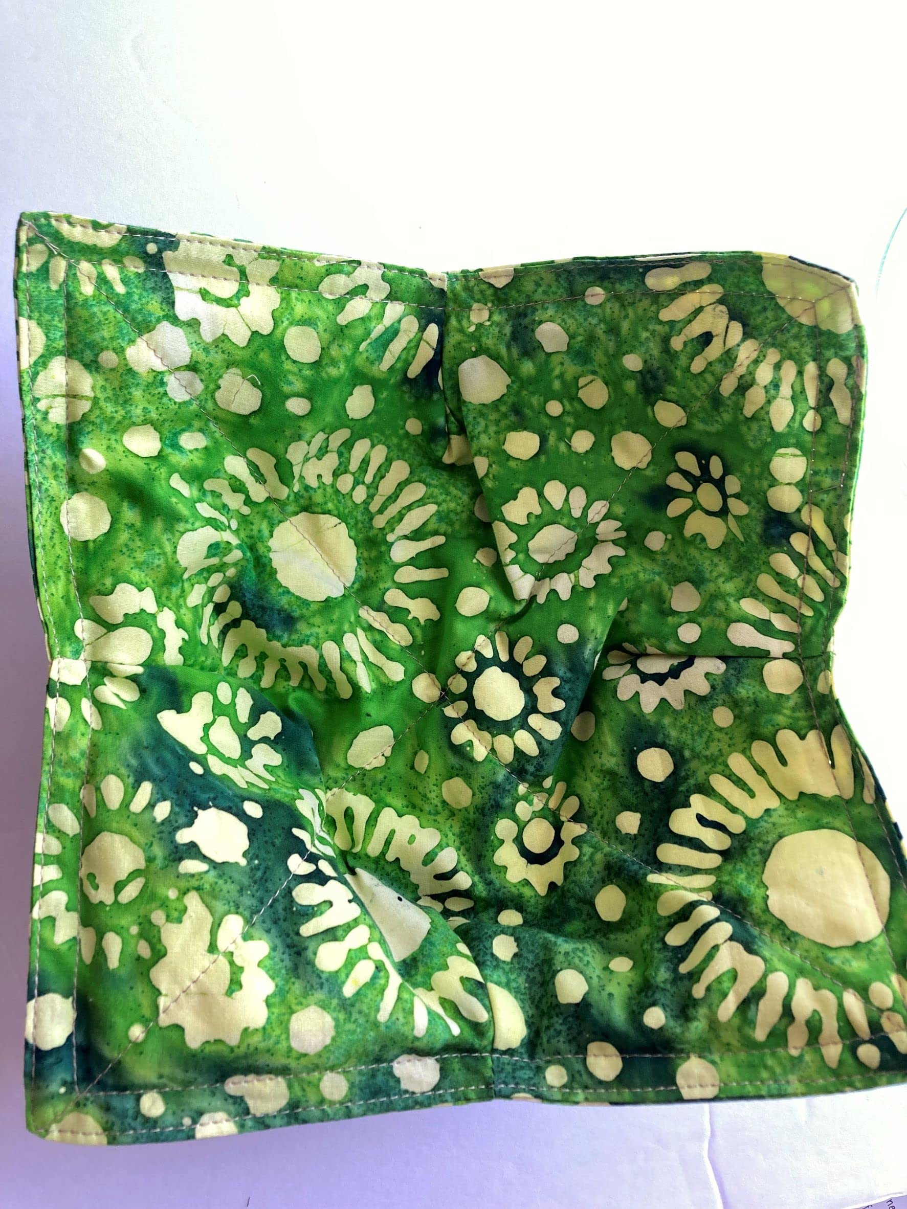Set of 2 Batik Print Cotton Bowl Cozies - Microwave & Oven Safe Hot Pads for 8 Inch Bowls - Green with Pale Yellow - Perfect for Serving Hot Soups, Stews, and Desserts