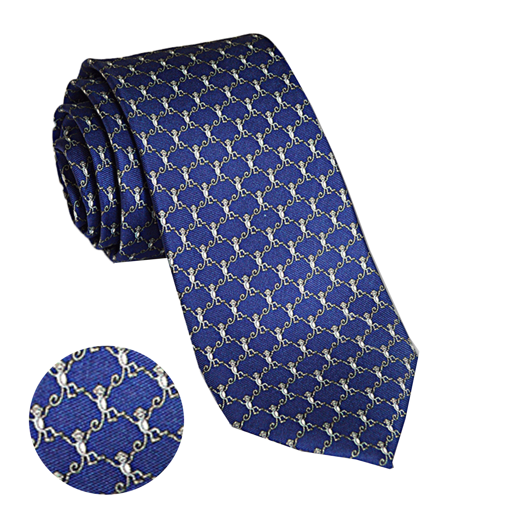 Premium 100% Silk Necktie - Elegant Monkey Pattern in White & Grey on Blue - Perfect for Business, Weddings & Formal Events