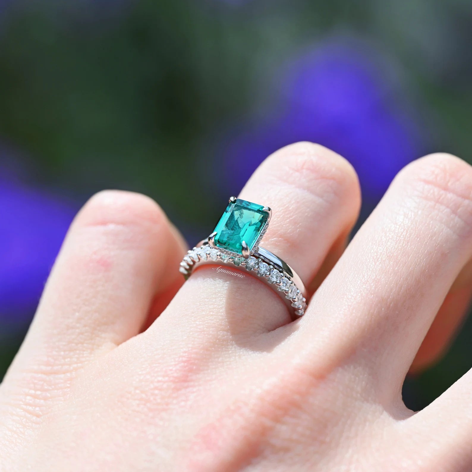 Hidden Halo Emerald Ring Set - 925 Sterling Silver Wedding Engagement Ring for Women, Perfect for Anniversary, Proposal & Special Occasions