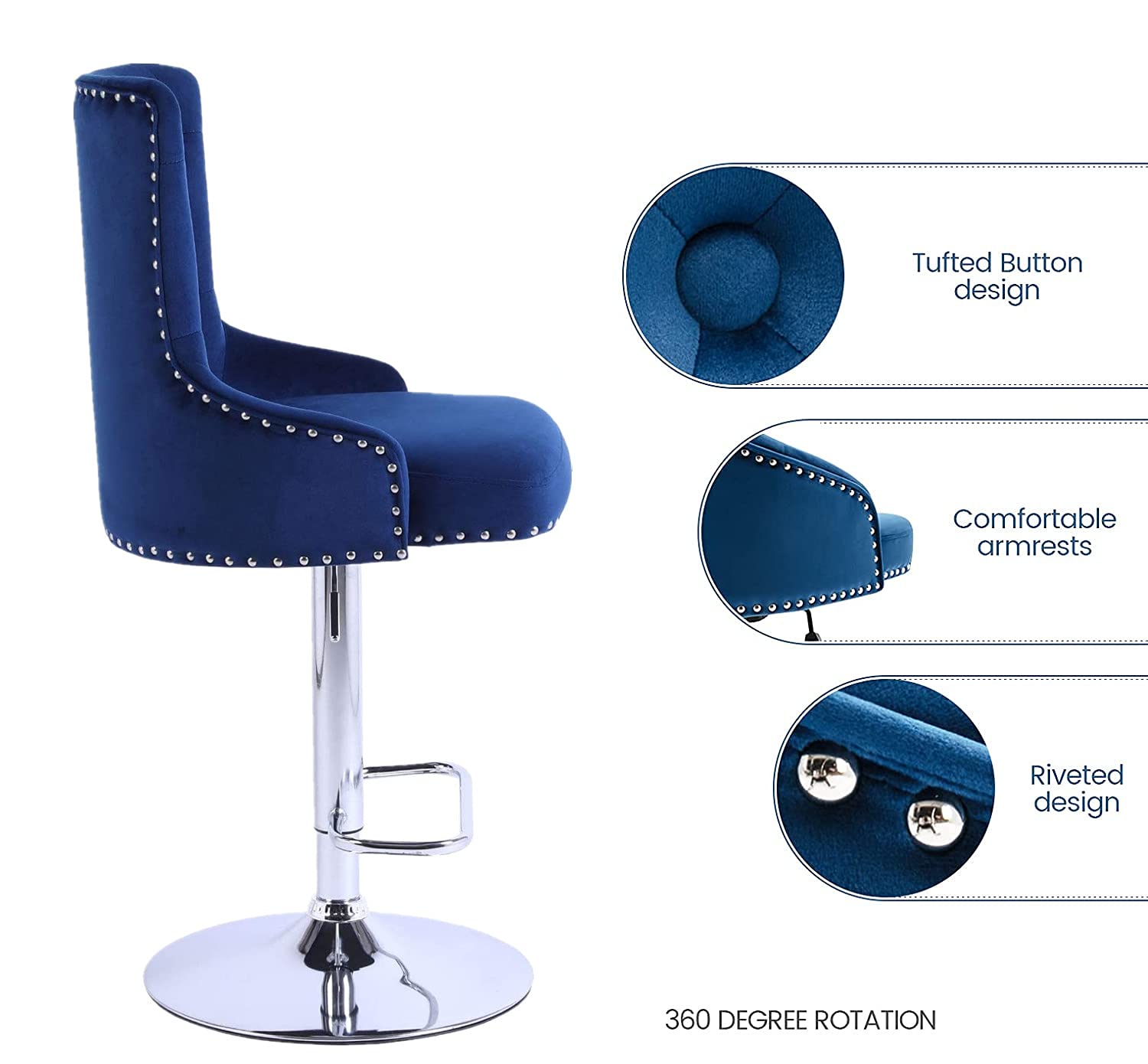 Modern Velvet Bar Stools Set of 4 - Adjustable Height High Back Counter Stools for Kitchen Island, Pub, Bar & Dining Room - Deep Blue Upholstered Seating (Perfect for Entertaining, Breakfast Nooks & Home Decor)