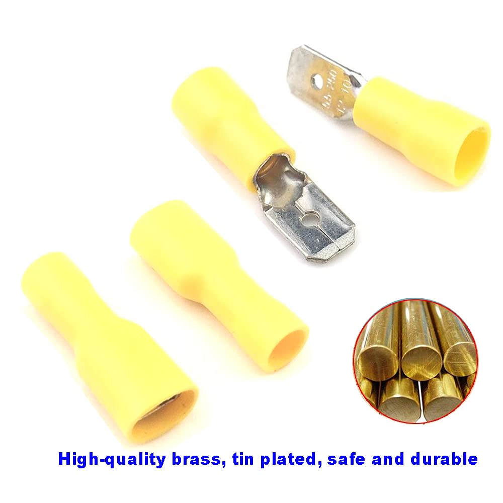 100PCS 12-10 AWG Male Female Spade Connectors - Insulated Electrical Crimp Terminals for Automotive, Marine & Home Wiring (Yellow) - Perfect for Battery, Speaker & Appliance Connections