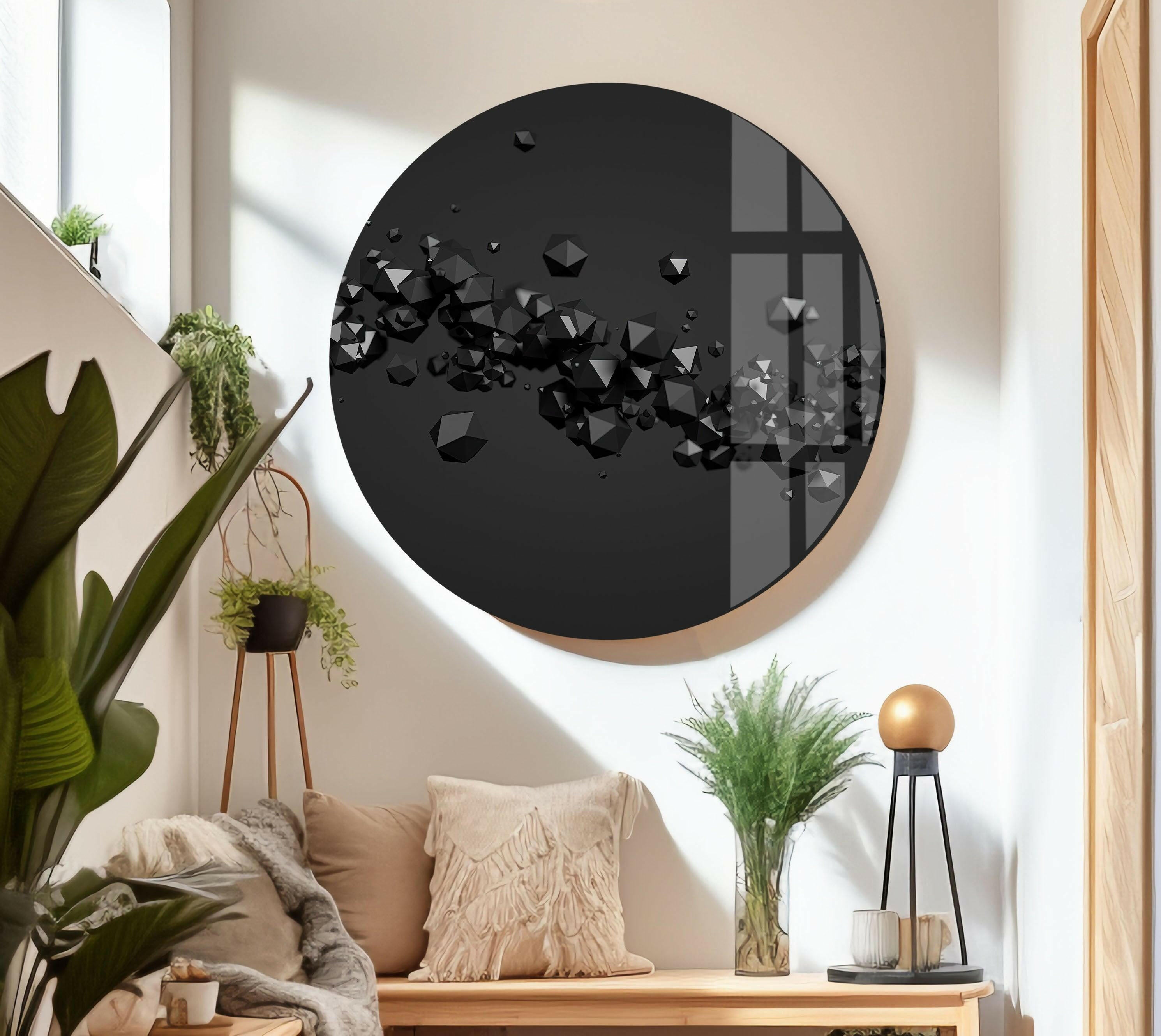 3D Abstract Diamond Glass Wall Art - Black Modern Home Decor for Living Room, Bedroom & Office