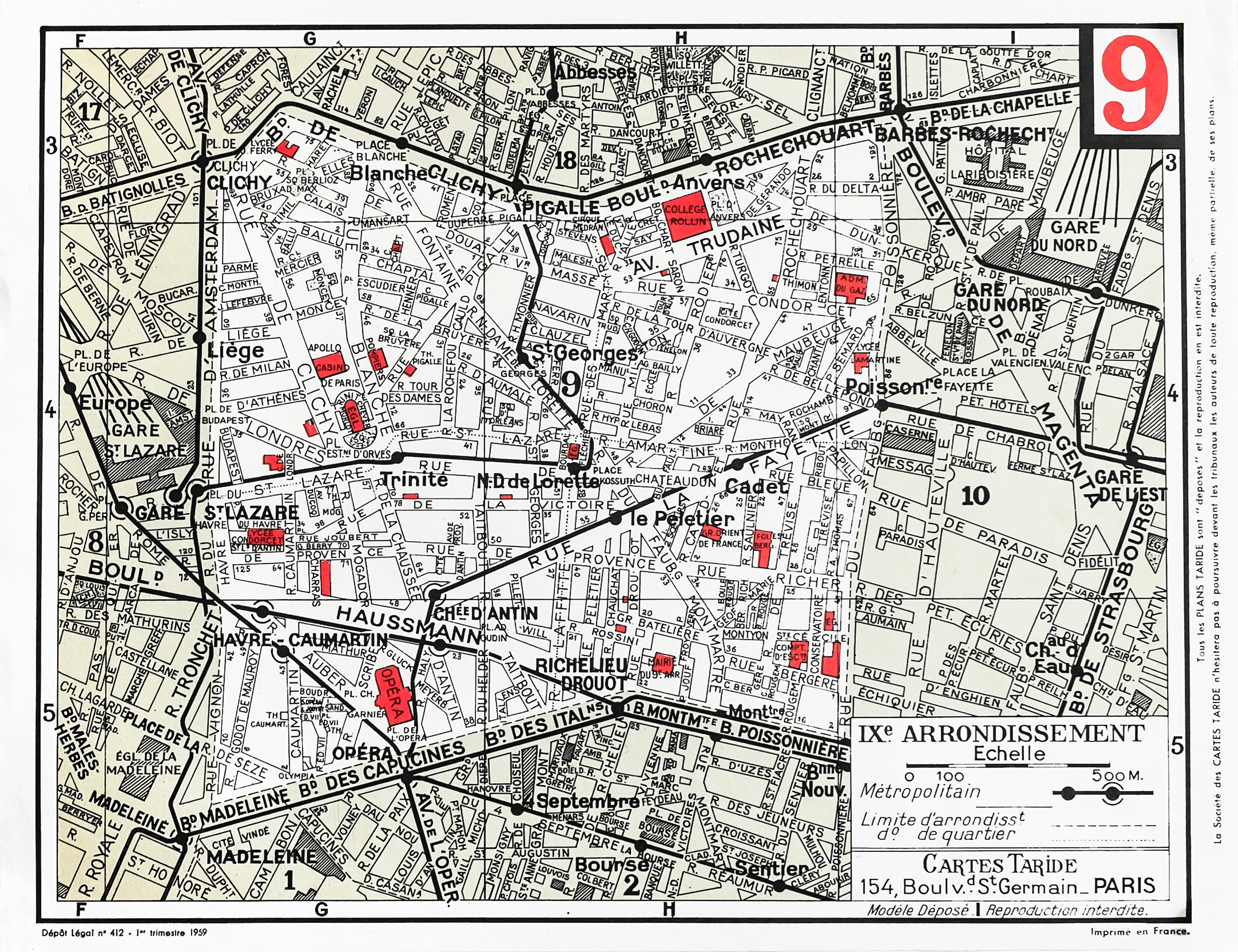 Vintage 1959 Original Cartes Tarides Map of Paris IX Arrondissement - Antique Parisian Street Map for Home Decor, Travel Planning & Historical Collectors