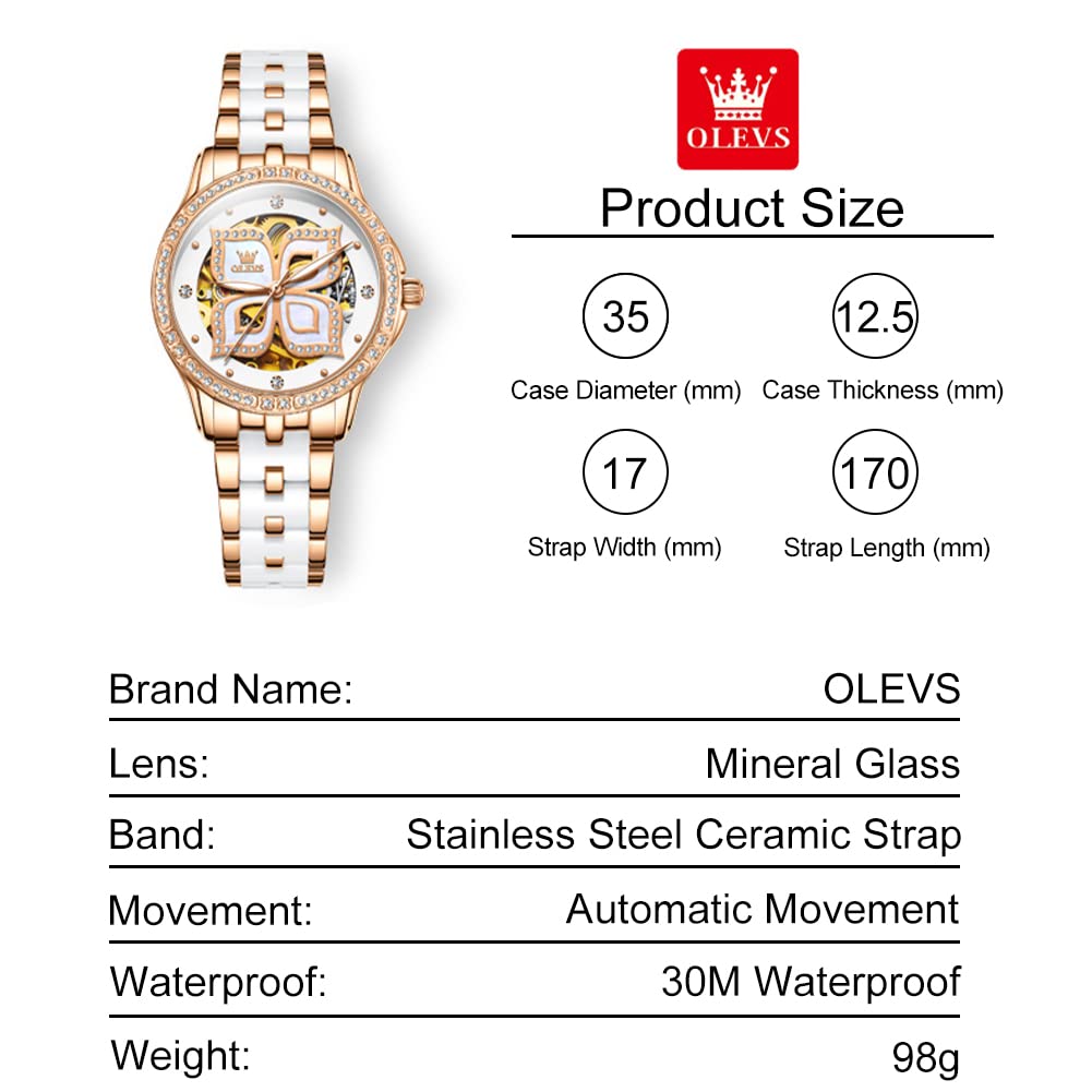 OLEVS Women's Automatic Watch - Premium Large Face Diamond Accented Self-Winding Ladies Dress Watch | Waterproof, Two-Tone Stainless Steel & Ceramic Bracelet | Perfect for Business, Formal Events & Everyday Wear