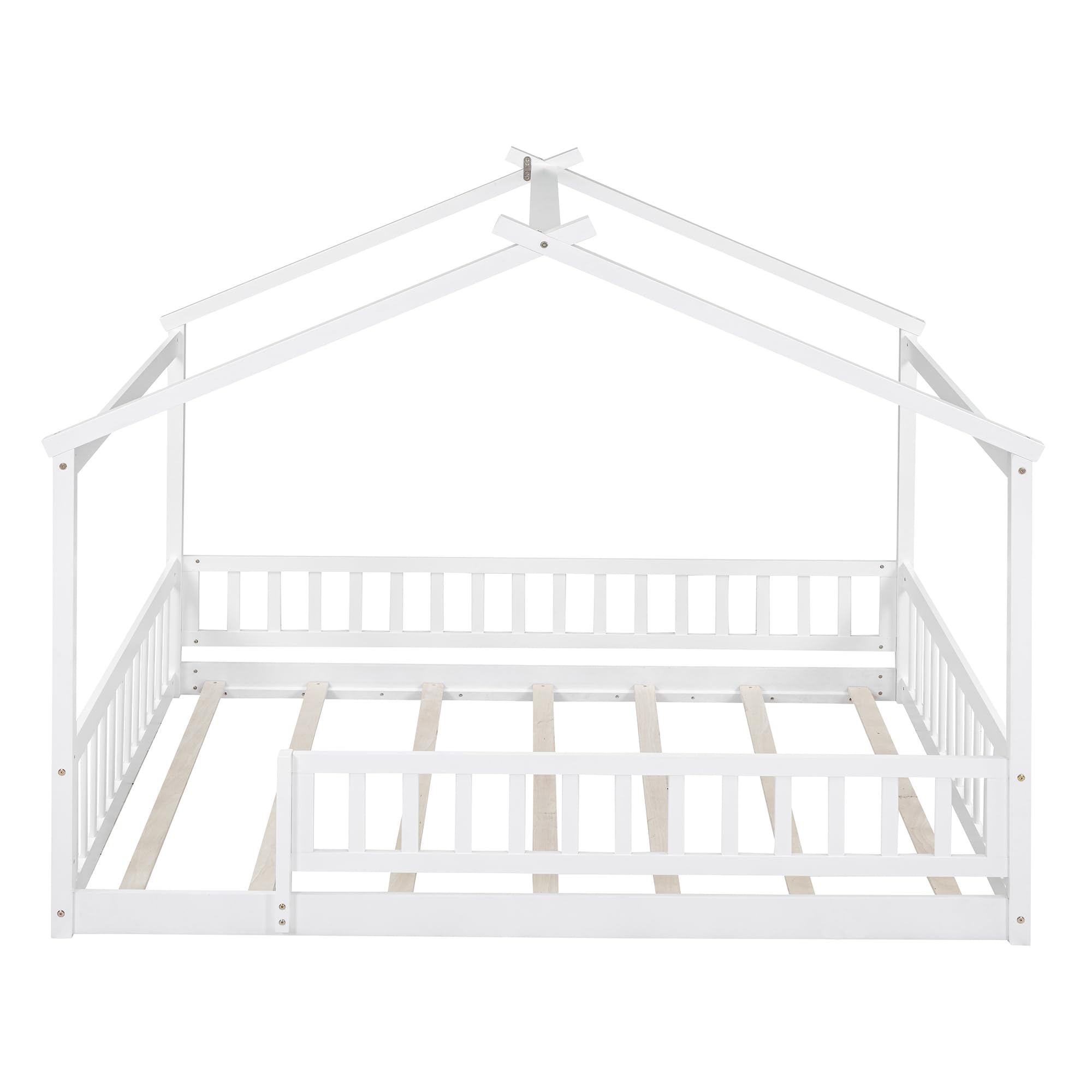 Montessori Floor Bed for Kids - Full Size Wooden House Bed Frame with Safety Fence | White Playhouse Bed for Toddlers & Children | Perfect for Montessori Bedrooms, Playrooms & Cozy Sleep Spaces