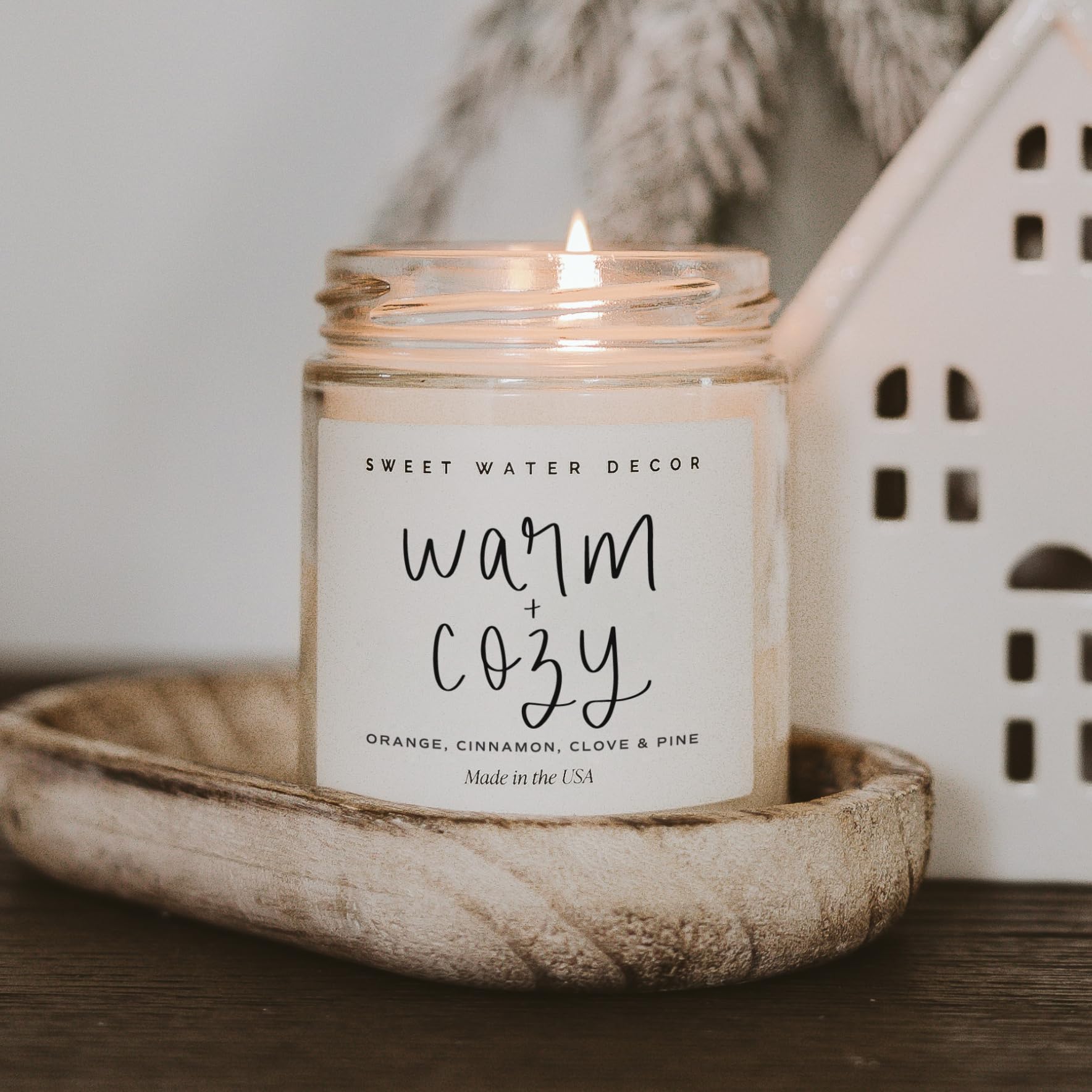Sweet Water Decor Warm & Cozy Winter Scented Candle - Pine Cinnamon & Fir Aroma, Orange Scented Soy Candle for Home Decor | 40-Hour Burn Time, 9oz Clear Jar | Made in USA | Perfect for Holiday Gifts, Cozy Evenings & Winter Home Fragrance