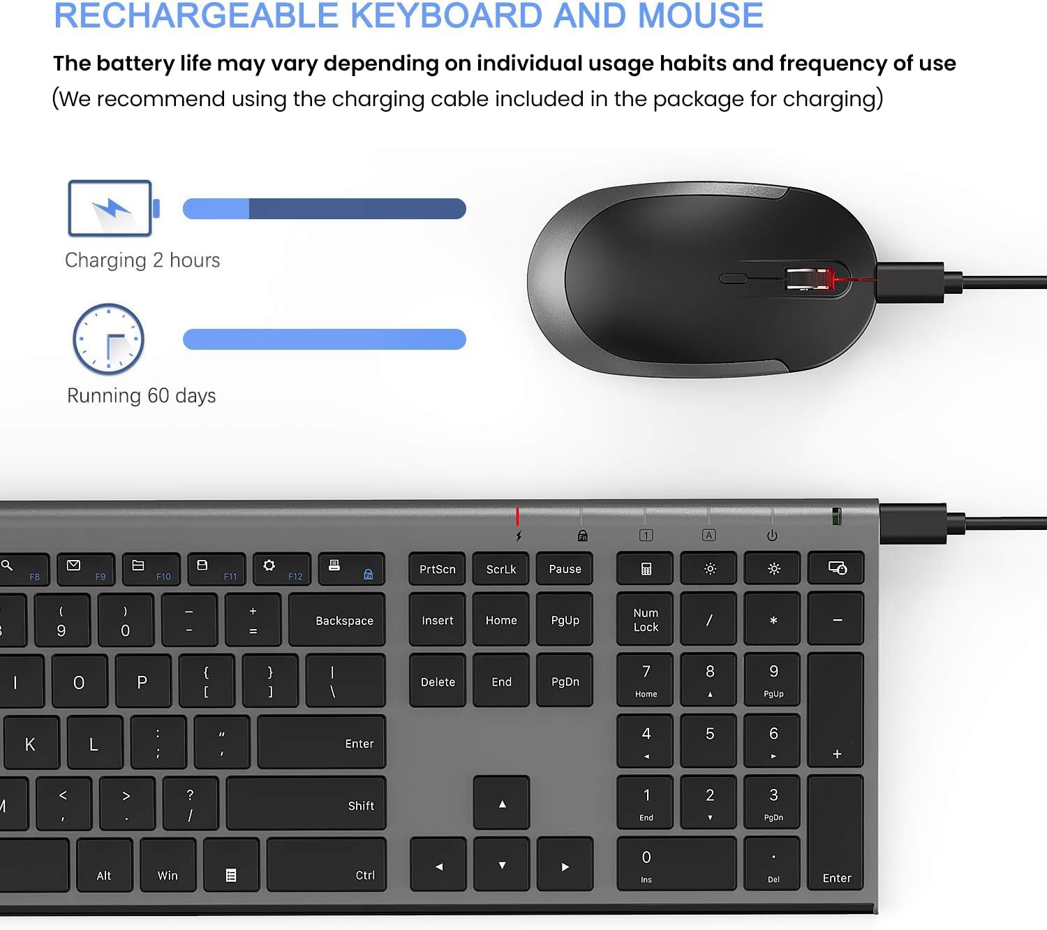 Vssoplor Wireless Keyboard and Mouse Combo - Rechargeable, Quiet Full-Size Keyboard with Ultra Slim Design for PC, Laptop, Desktop - Dark Gray | Perfect for Office, Home & Gaming Use