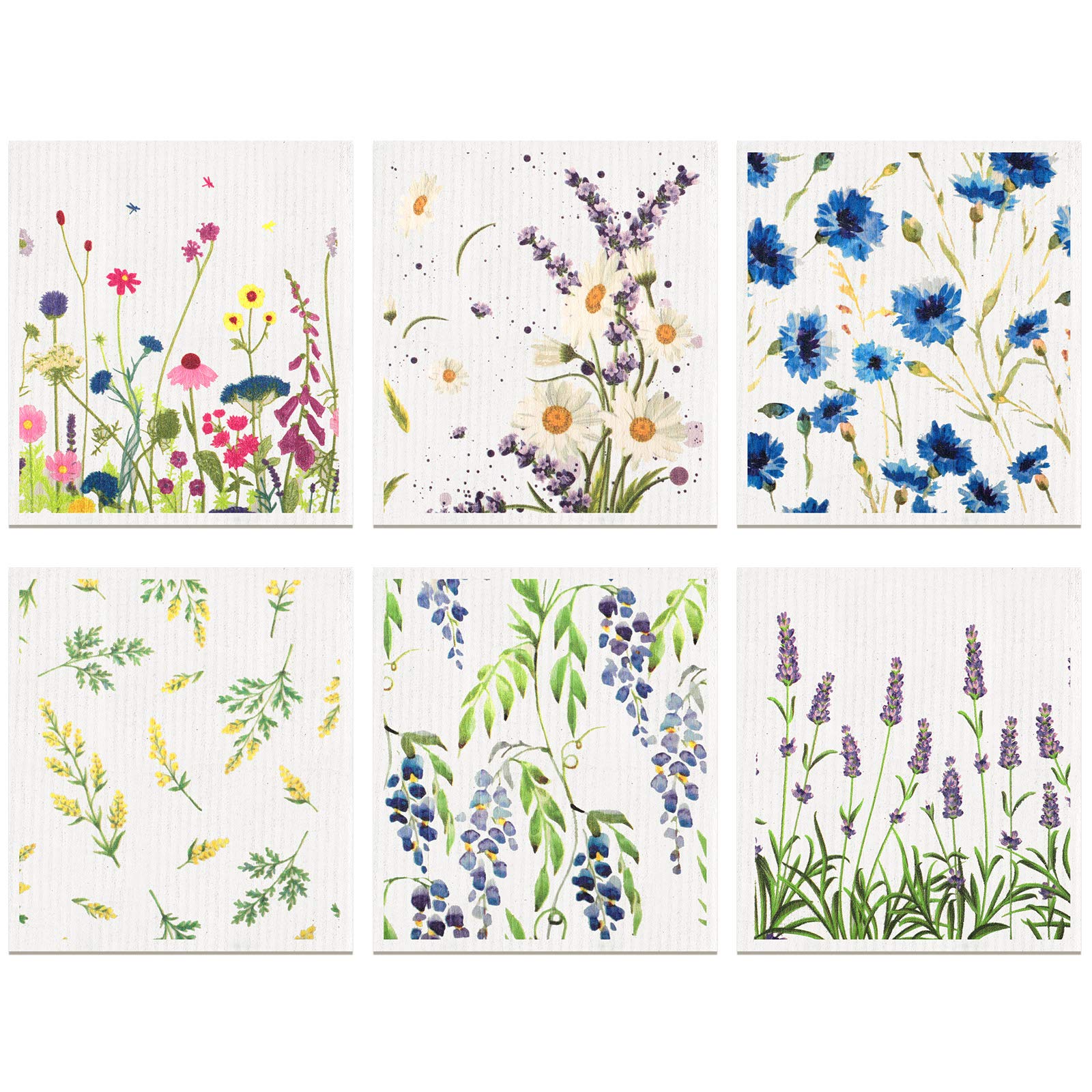 Swedish Kitchen Dish Towels - 6 Pack Wildflowers Printed Reusable Sponge Cleaning Cloths | Super Absorbent & Quick Drying Washable Wipes | Odor-Free Hand Towels for Dishes, Countertops & Kitchen Cleaning