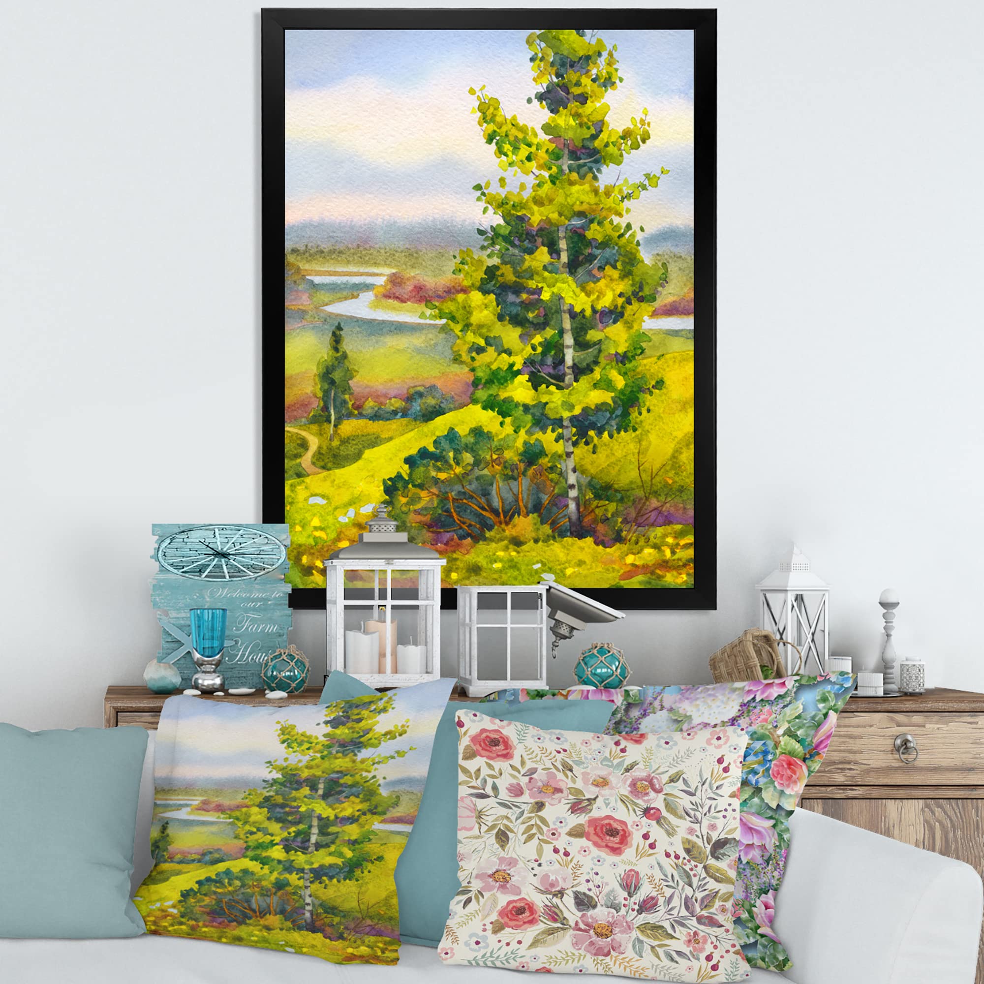 Vibrant Orange Birch Trees Wall Art - Framed Lake House Painting for Living Room, Bedroom & Office Decor | Calm Bay Landscape Canvas Print
