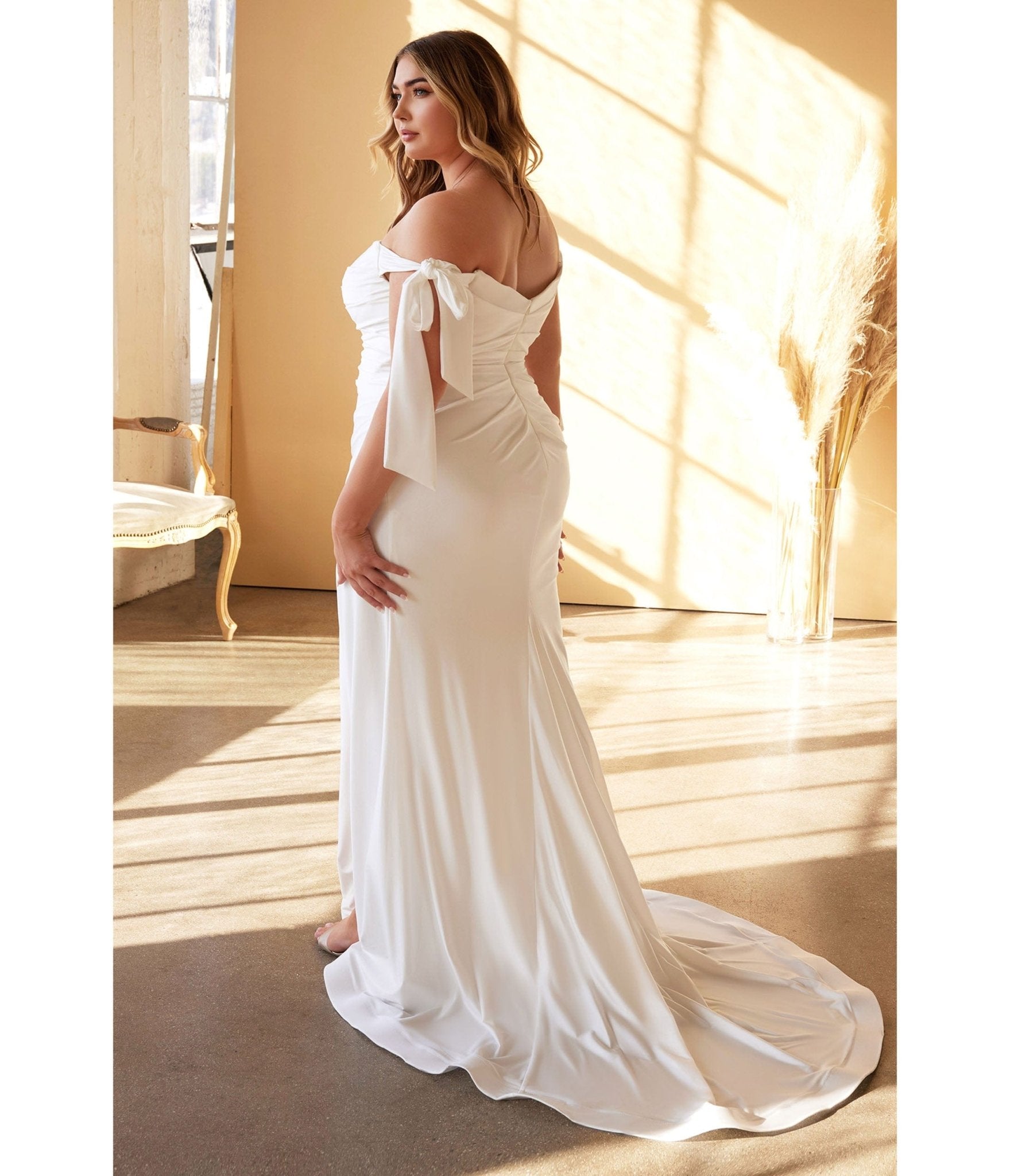 Ladivine by Cinderella Divine Plus Size White Off The Shoulder Trumpet Wedding Dress for Brides - Perfect for Beach Weddings, Vow Renewals & Formal Evening Events