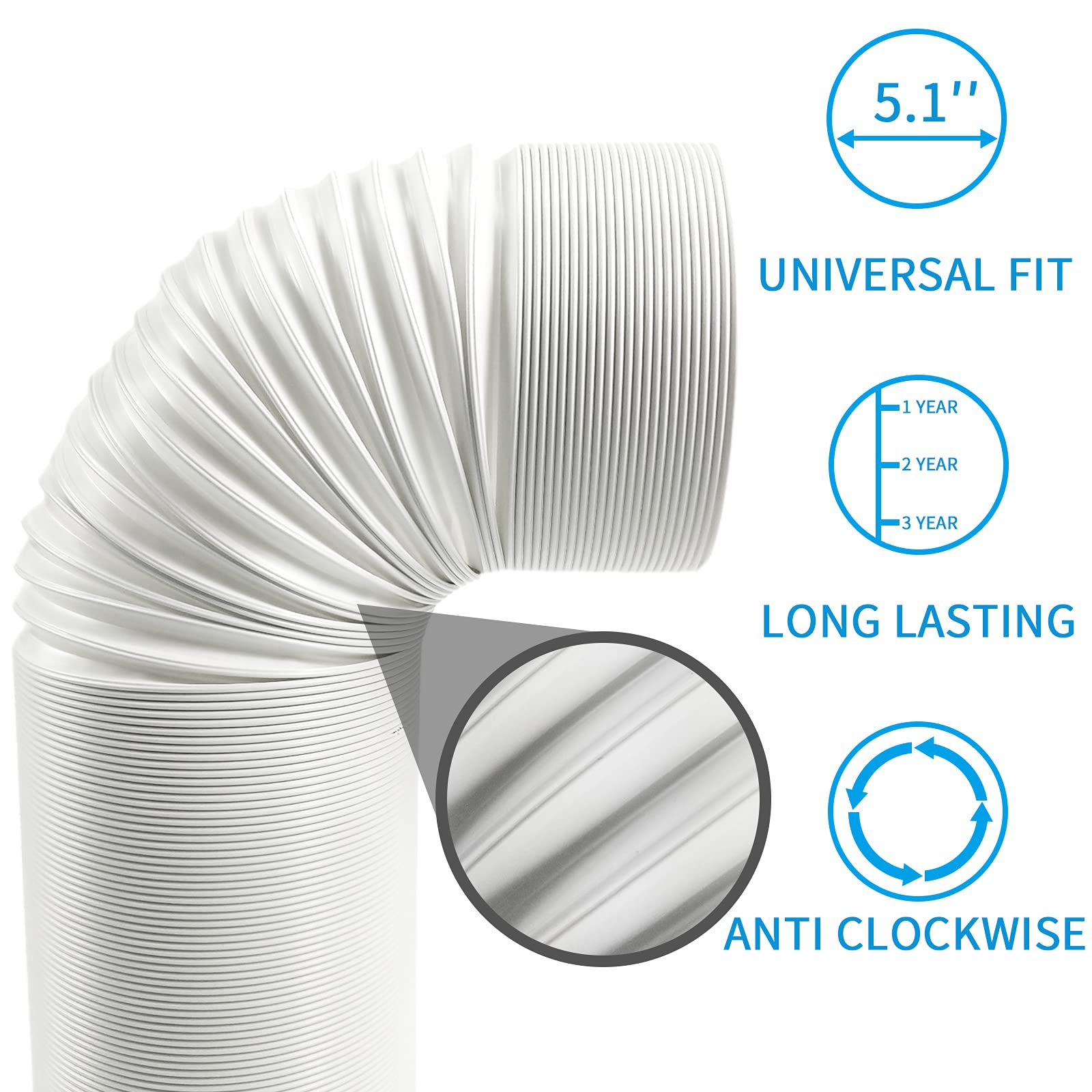 5 Inch Portable Air Conditioner Hose - 80 Inches Long Exhaust Vent with Anti-Clockwise Thread for Home, Office, RV & Camping Use