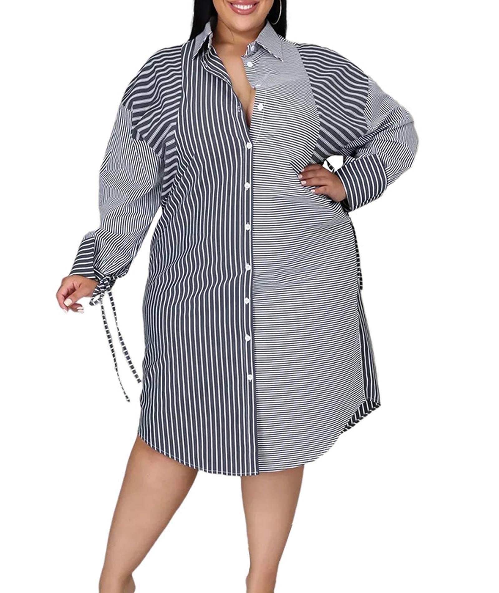 FYEARFOX Women's Plus Size Striped Shirt Dress - Casual Long Sleeve Midi Dress with Oversized Patchwork Buttons | Perfect for Work, Office, Date Night & Everyday Wear