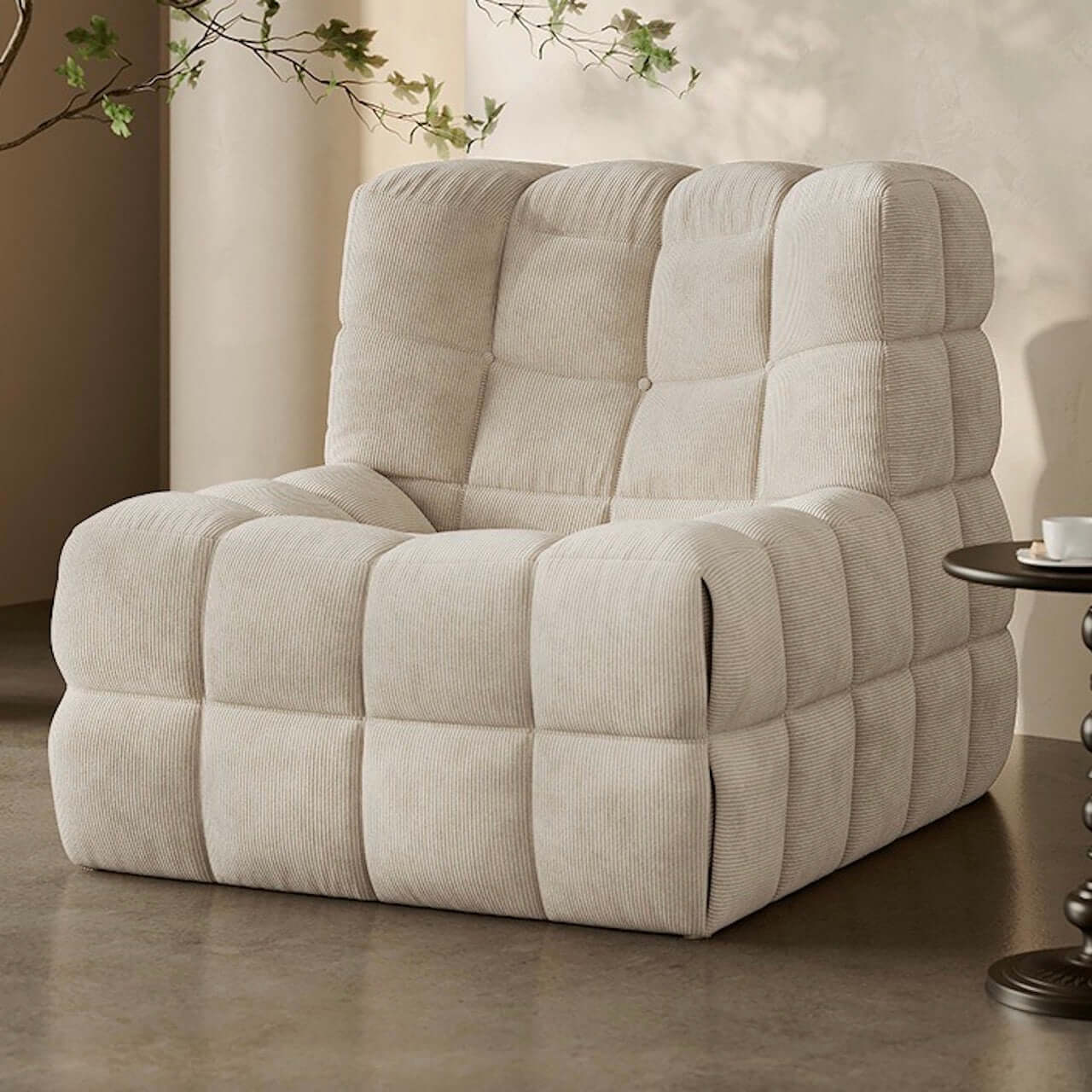 Vintage Beige Corduroy Caterpillar Chair - Retro Lounge Chair with Tofu Block Design - Perfect for Living Room, Bedroom & Reading Nook