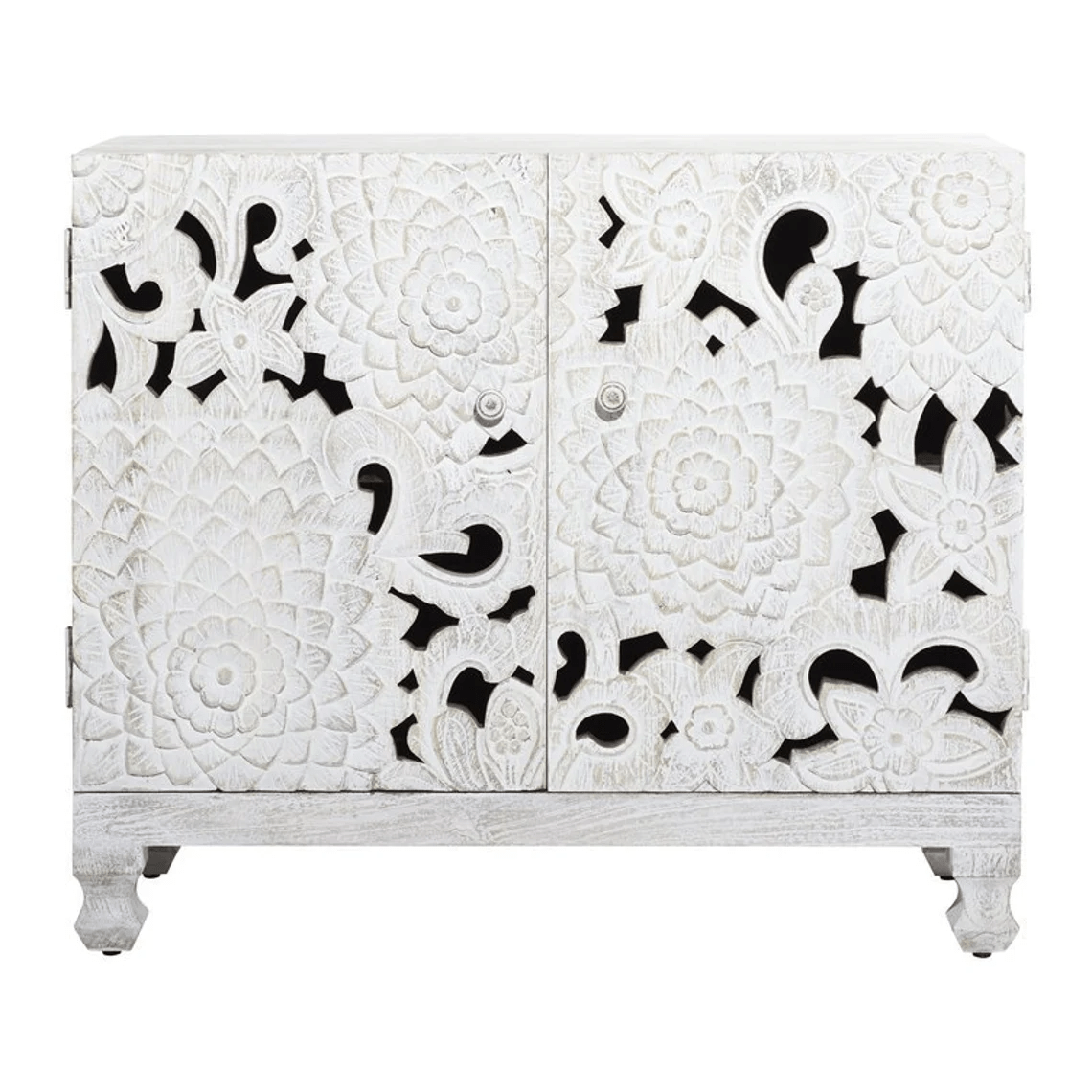 Hand Carved Lotus Wooden Storage Cabinet - White | Elegant Home Decor for Living Room, Bedroom & Entryway Organization