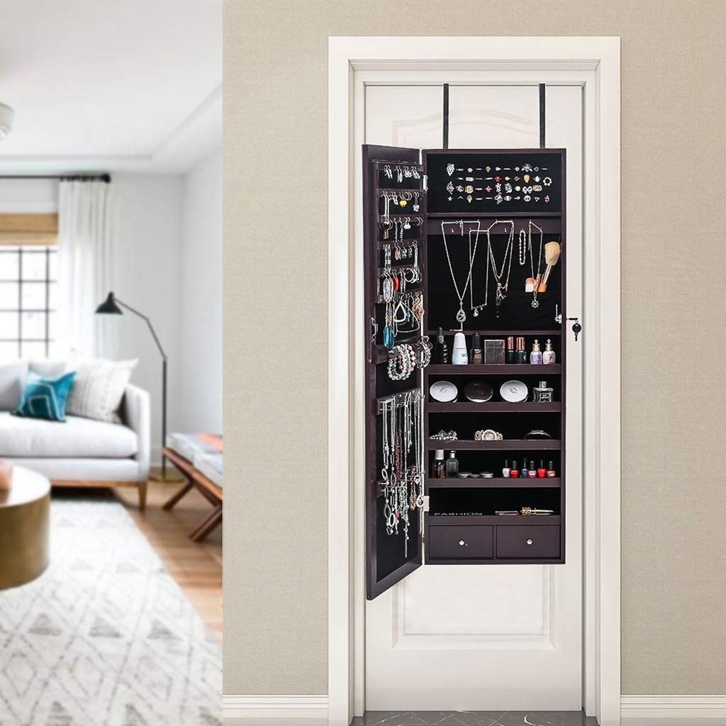 Full Length Mirror Jewelry Cabinet with Door & Wall Mount - Jewelry Armoire Organizer for Women, Hanging Jewelry Box with Mirror, Brown - Perfect for Bedroom, Closet & Dressing Room Storage
