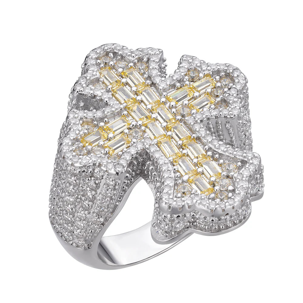 **Men's Moissanite Cross Ring - 925 Sterling Silver with Yellow Stone - Perfect for Gifts, Weddings & Everyday Wear**