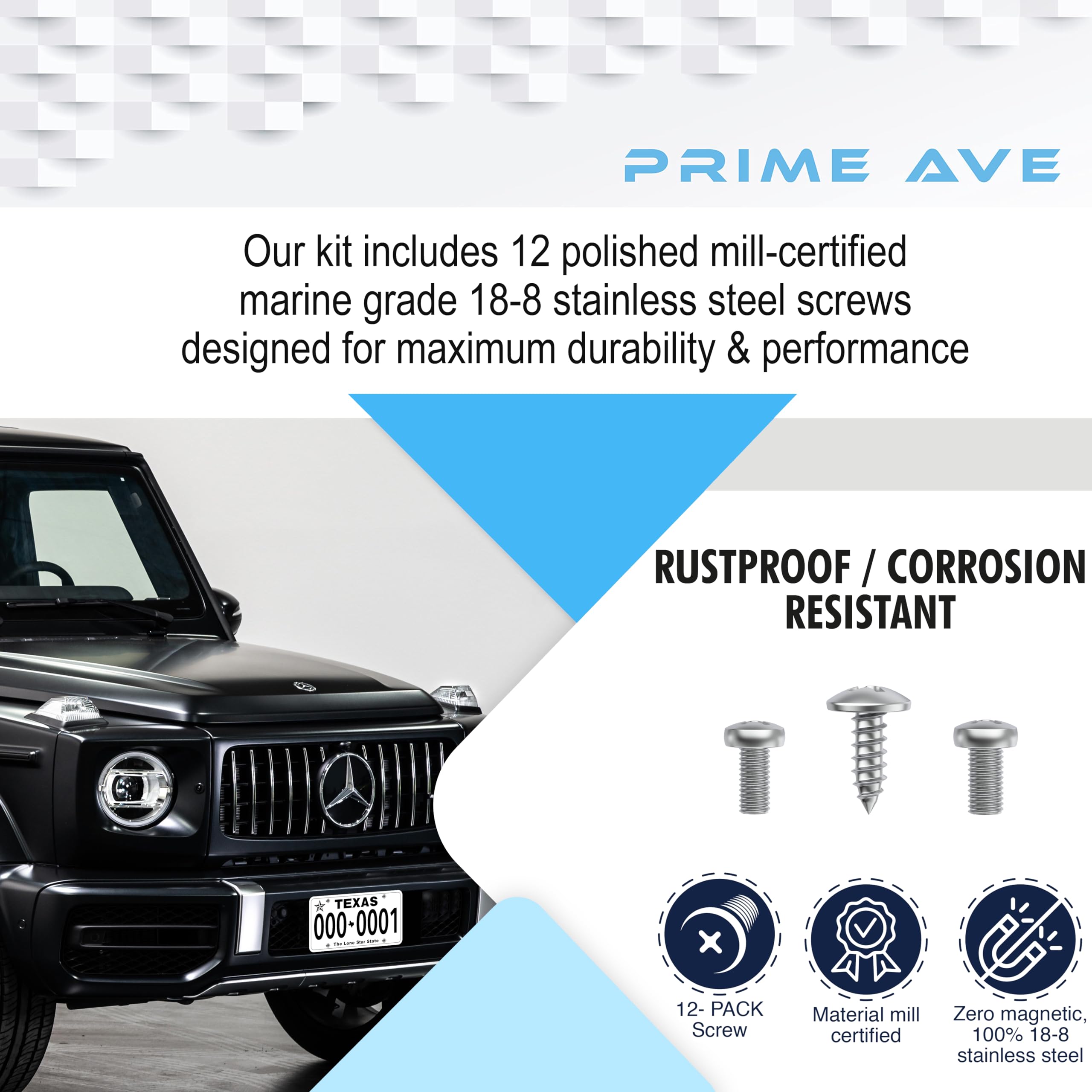 Premium Stainless Steel License Plate Screws - Rust Proof, Corrosion Resistant - Fits Mercedes Benz & Most Vehicles - Secure Front/Rear Plates, Frames & Covers (12 Pack) - Perfect for Car Registration, Vehicle Customization & Road Safety Compliance